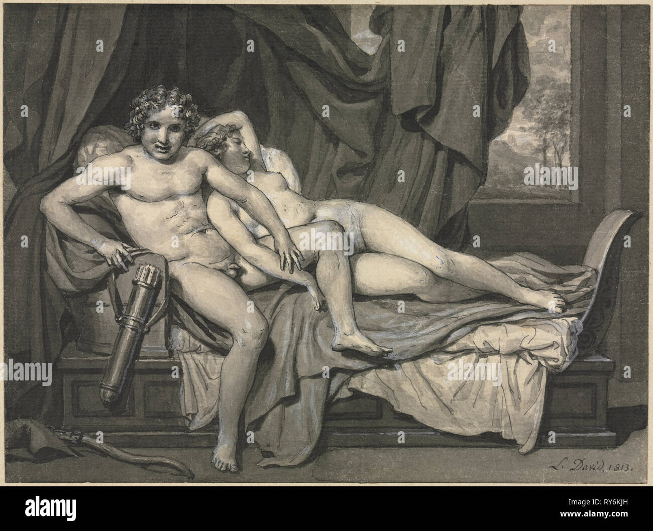 Amore e Psiche, 1813. Jacques-Louis David (Francese, 1748-1825). Lavaggio grigio e penna e inchiostro nero con vernice bianca e tracce di gesso nero ; foglio: 16,7 x 22,4 cm (6 9/16 x 8 13/16 in Foto Stock