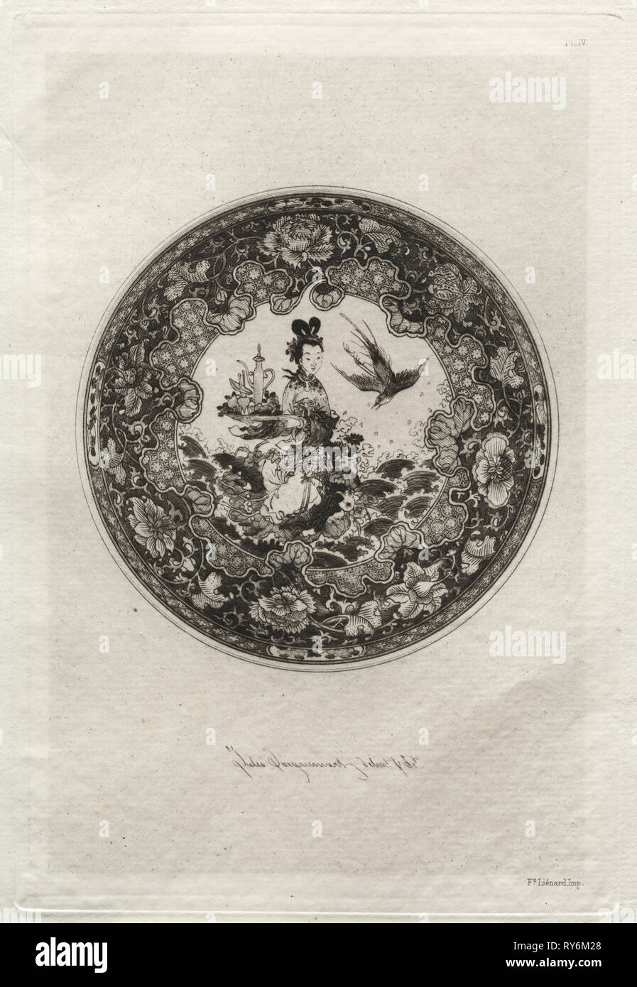La storia dell'Arte Ceramica: piattino con ricco suolo smaltato e medaglione rappresentante la Dea Kounin , c. 1877. Jules Jacquemart (Francese, 1837-1880), Ampson bassa, Marston, Searle & Rivington. Incisione; foglio: 28,6 x 20,6 cm (11 1/4 x 8 1/8 in.); platemark: 18,9 x 12,8 cm (7 7/16 x 5 1/16 in Foto Stock