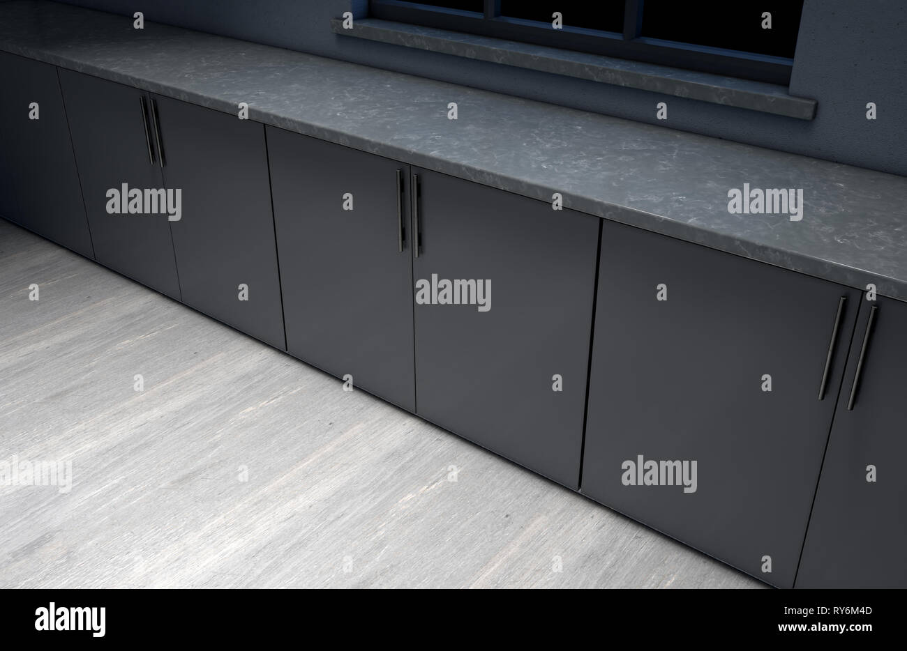 Un interno di un molto pulito scuro cucina vuota con una fila di costruito in armadi e una finestra trasparente - 3D render Foto Stock
