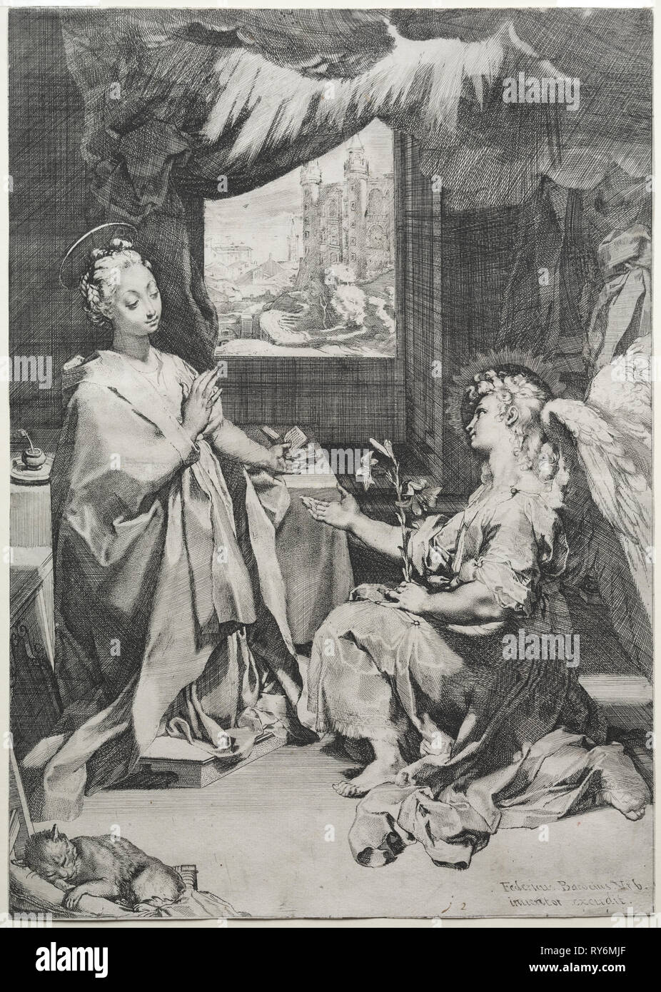 L'Annunciazione, c. 1585. Federico Barocci (Italiano, 1528-1612). Incisione e l'intaglio; foglio: 43,8 x 31 cm (17 1/4 x 12 3/16 in Foto Stock