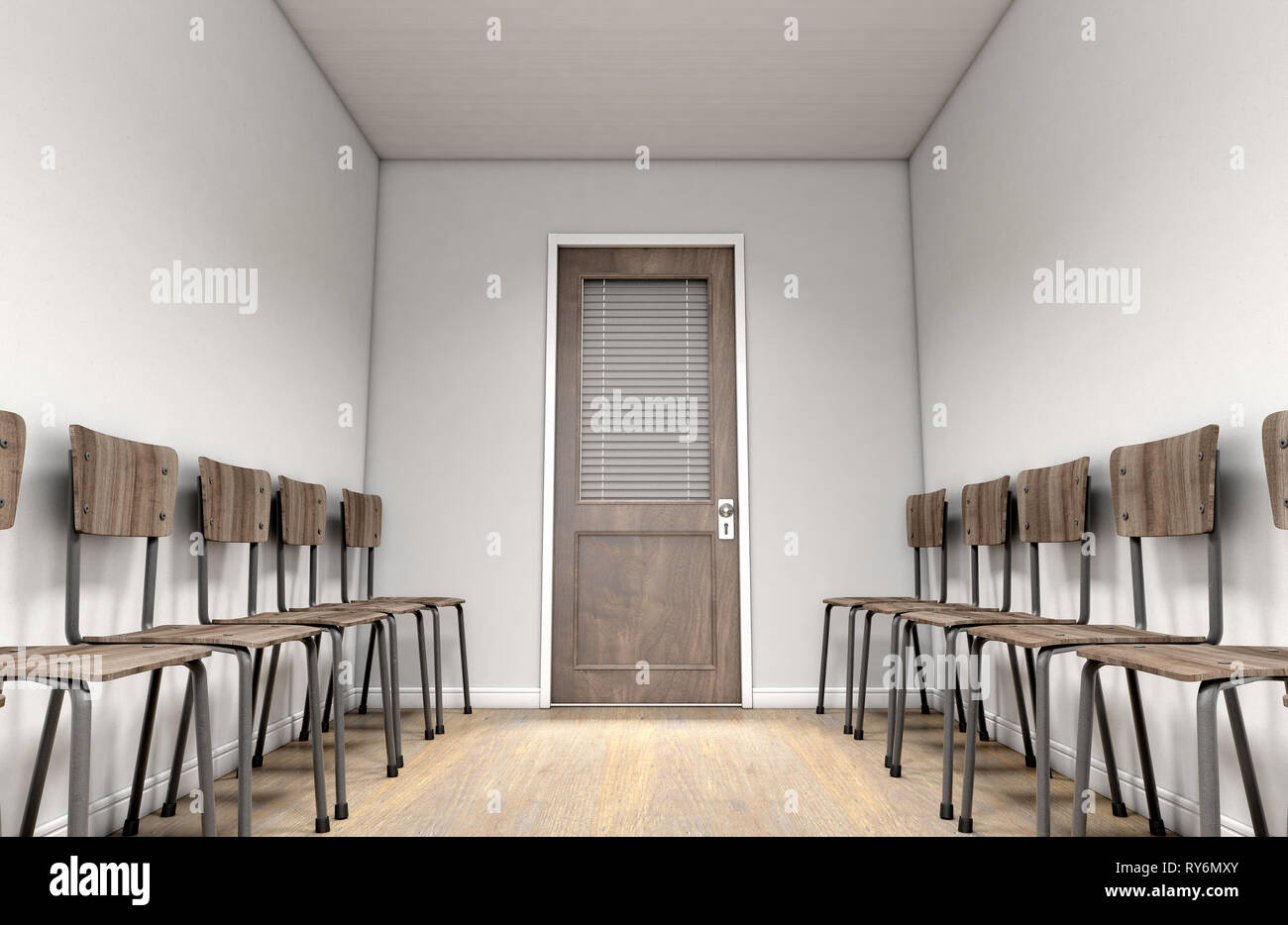 Un passaggio in attesa sala interna con una chiusura ufficio in legno porta in corrispondenza della estremità lontana e sedie allineate su entrambi i lati - 3D render Foto Stock