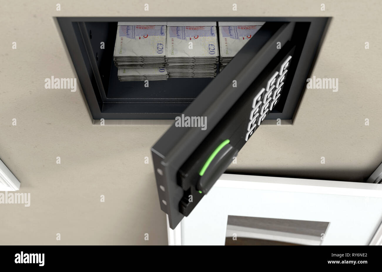 Un Apri file nascosto cassaforte a muro con pile di pile di banconote ha rivelato dietro un pensile immagine incorniciata su una parete in una casa - 3D render Foto Stock