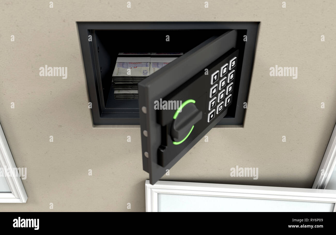 Un Apri file nascosto cassaforte a muro con pile di pile di banconote ha rivelato dietro un pensile immagine incorniciata su una parete in una casa - 3D render Foto Stock