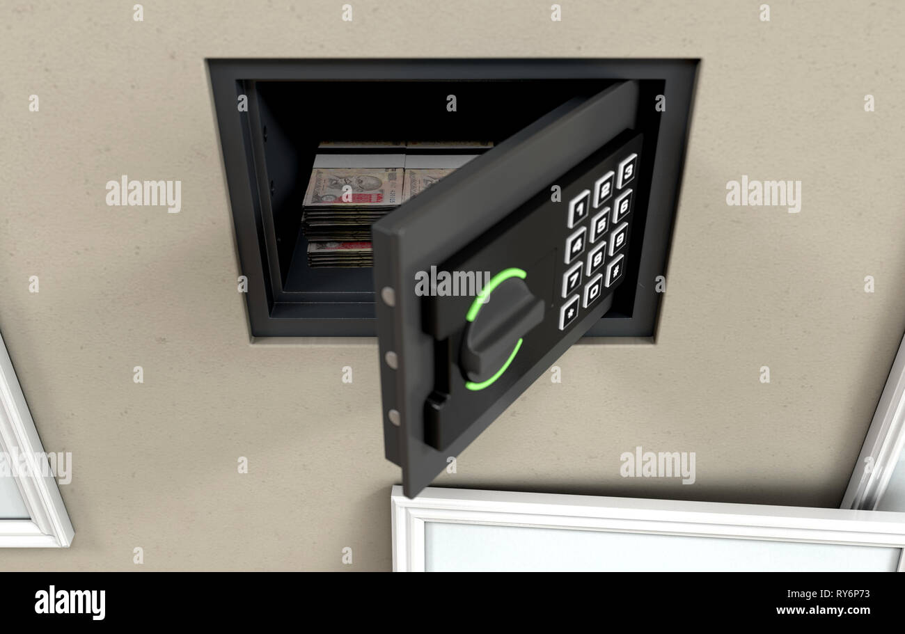 Un Apri file nascosto cassaforte a muro con pile di pile di banconote ha rivelato dietro un pensile immagine incorniciata su una parete in una casa - 3D render Foto Stock