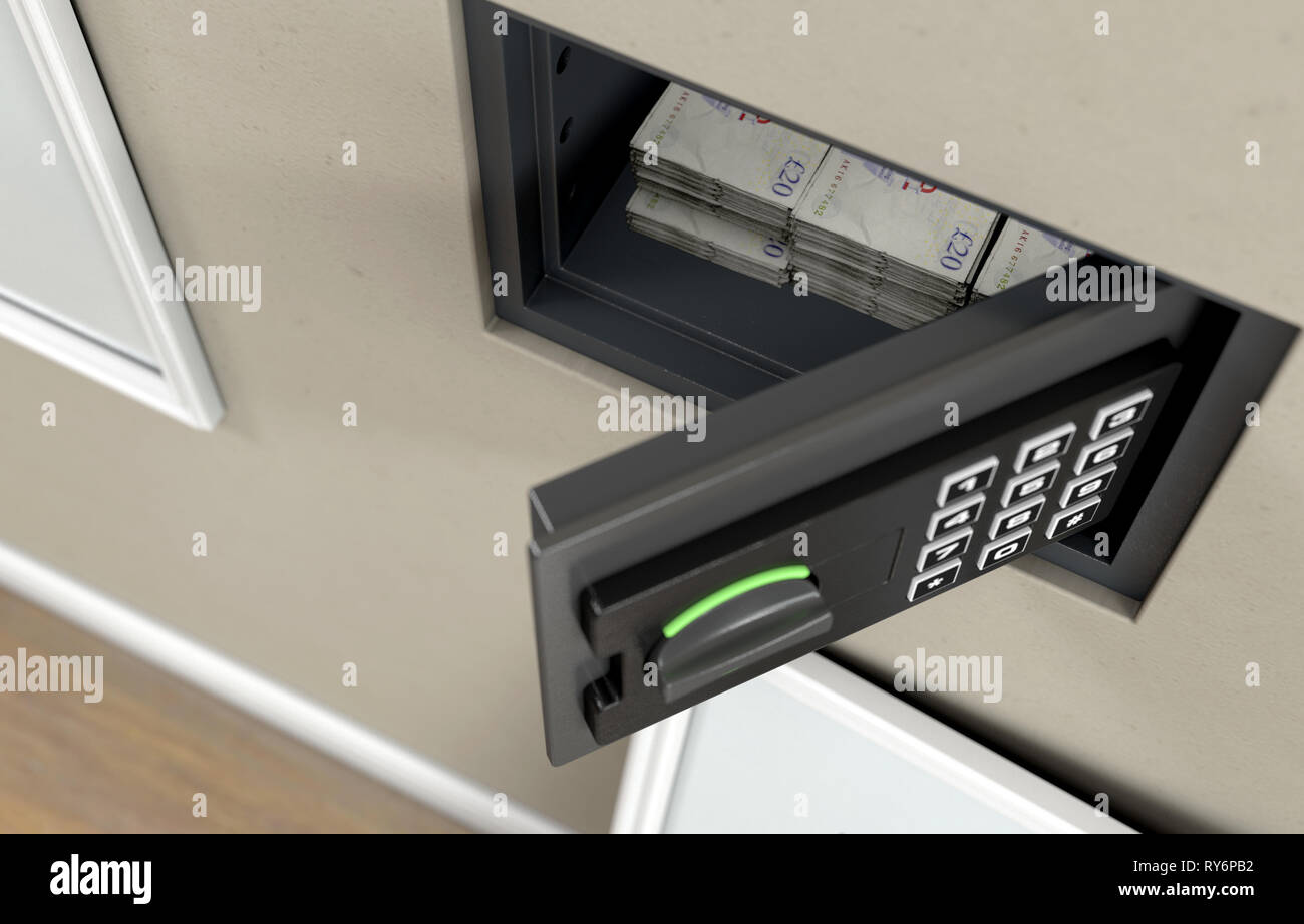 Un Apri file nascosto cassaforte a muro con pile di pile di banconote ha rivelato dietro un pensile immagine incorniciata su una parete in una casa - 3D render Foto Stock