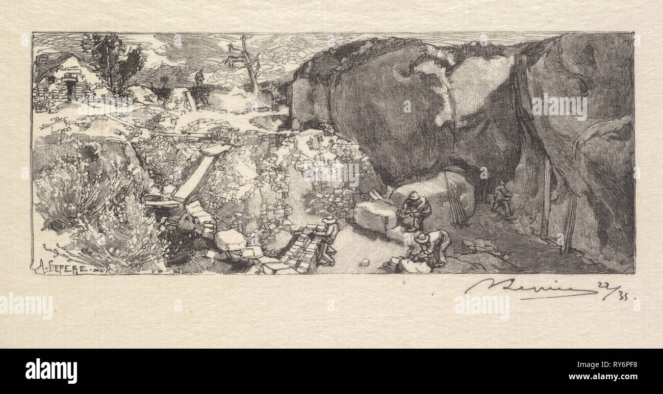 Foresta Fontainebleau: cava di pietra arenaria (La Forêt de Fontainebleau: La Carrièrre de Grès), 1890. Auguste Louis Lepère (Francese, 1849-1918), A. Desmoulins, pubblicate nella Revue Illustrée, 1887-90. Incisione su legno dal volume rilegato di 34 ; immagine: 6.1 x 5.1 cm (2 3/8 x 2 in Foto Stock