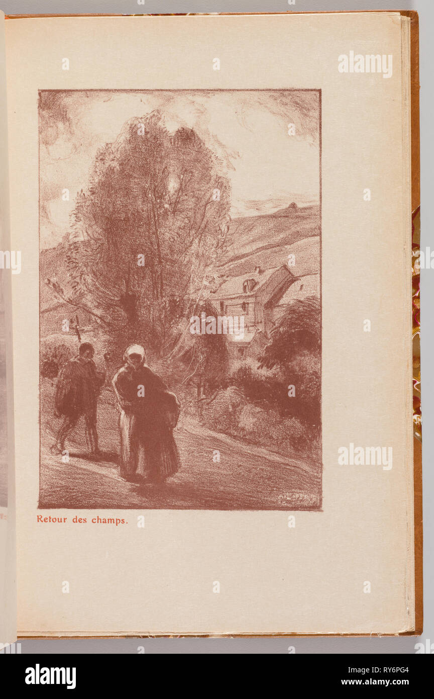 Catalogo de L'Exposition de Auguste Lepère: ritorno dai campi (Auguste Lepère: Retour des champs), 1908. Auguste Louis Lepère (Francese, 1849-1918). Litografia con remarque, dalla pelle-Volume rilegato contenente due incisioni e una litografia di; foglio: 26,4 x 17,5 cm (10 3/8 x 6 7/8 in.); immagine: 20 x 12,1 cm (7 7/8 x 4 3/4 in Foto Stock