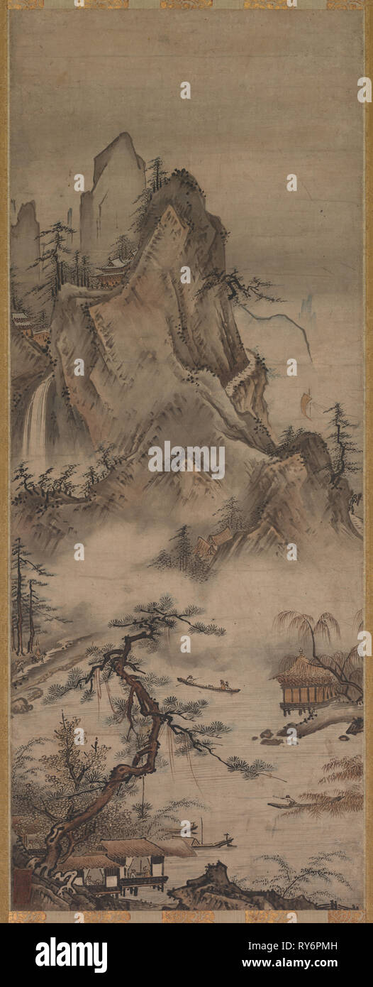 Paesaggio, del XVI secolo. Judō (giapponese, attivo del XVI secolo). Hanging scroll, inchiostro e colore della luce su carta; complessivo: 87,6 x 34,9 cm (34 1/2 x 13 3/4 in Foto Stock
