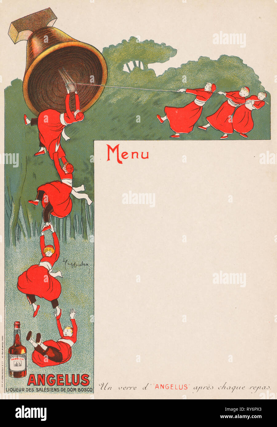 La pagina del menu (Angelus: Liqeur des Salésiens de Dom Bosco), 1911. Leonetto Cappiello (Italiano, 1875-1942). Litografia a colori Foto Stock