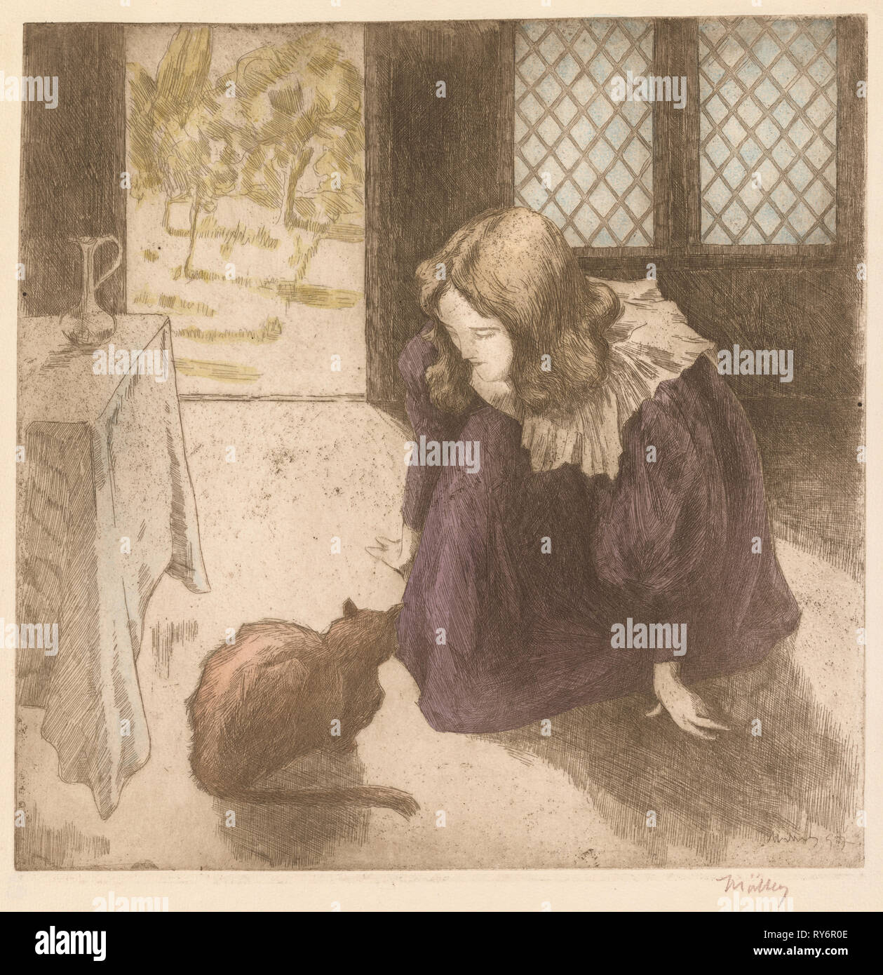 Interno, piccola Ragazza con gatto (la petite fille au chat), 1897. Alfredo Müller (Italiano, 1869-1940). Incisione e la puntasecca con handcoloring Foto Stock