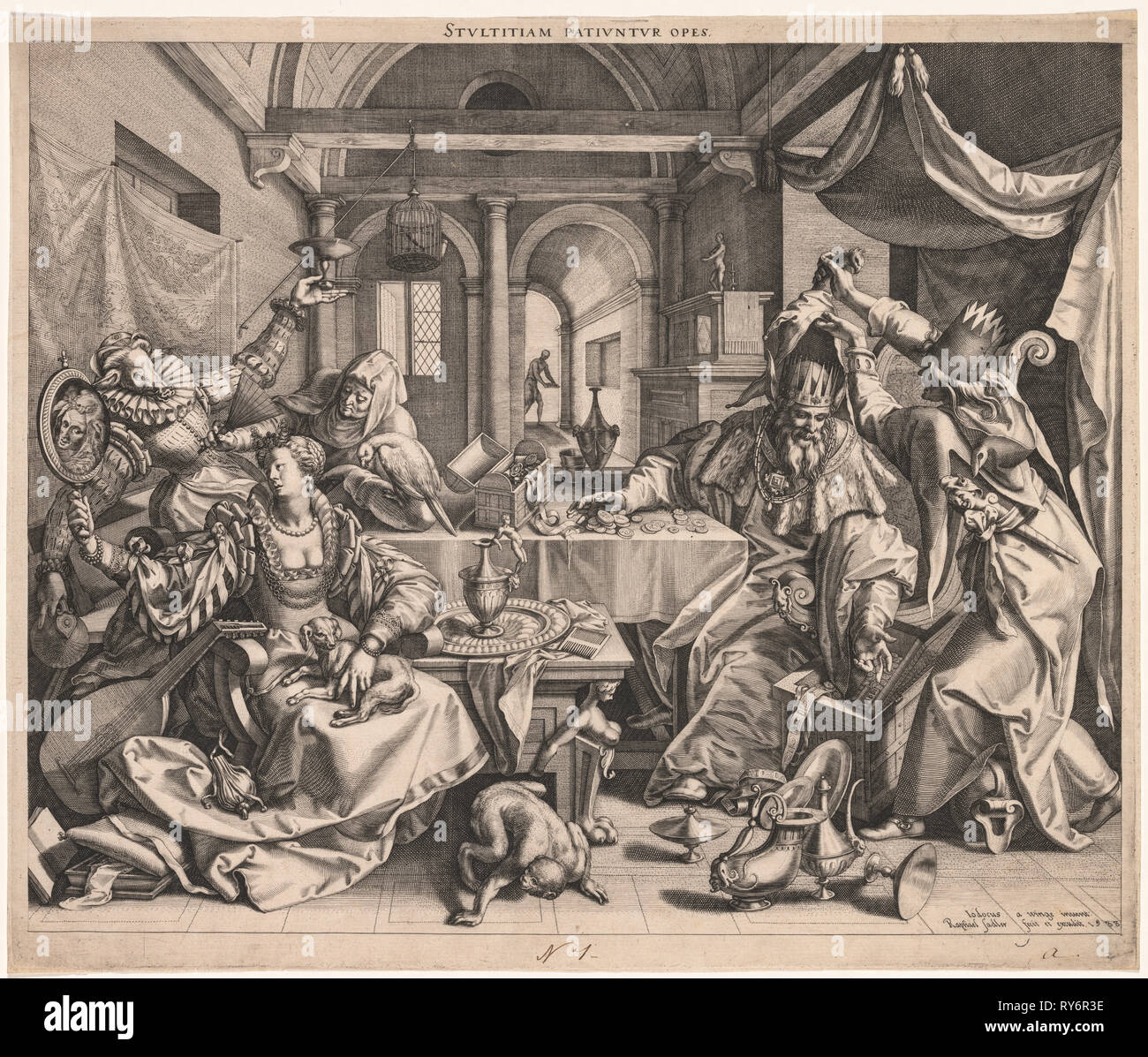 Stultitiam patiuntur opes (ricchezza permette la stupidità) o, allegoria della ricchezza, la lussuria, e stupidità, 1588. Raphael Sadeler (fiammingo, 1560/61-1628/32), dopo Joos Van Winghe (fiammingo, 1544-1603). L'incisione; foglio: 31,4 x 37,1 cm (12 3/8 x 14 5/8 in.); immagine: 29,2 x 35,8 cm (11 1/2 x 14 1/8 in Foto Stock