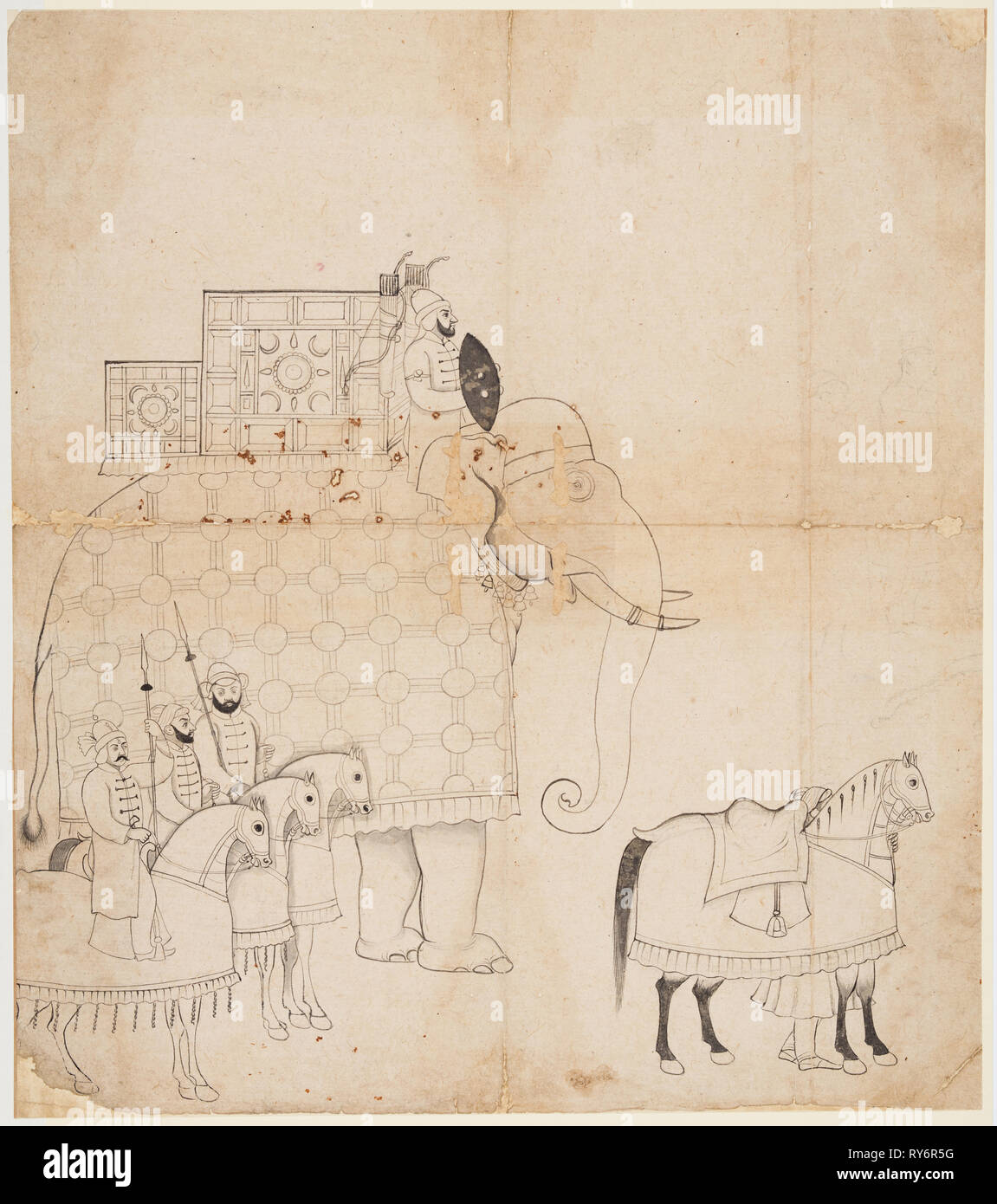 Un disegno di Caparisoned Elefante e cavalli, c. 1760. India, Jammu. miniatura: 41 x 36,2 cm (16 1/8 x 14 1/4 in Foto Stock