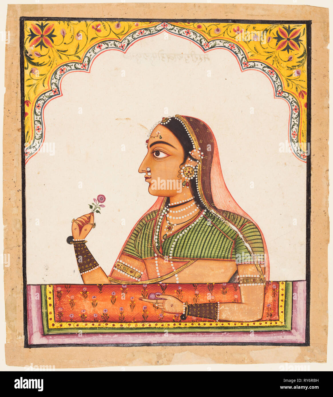 Da una serie di ritratti femminili: una signora in una finestra jharoka tenendo una rosa, c. 1730. India Rajasthan, Sawar. Colore su carta; pagina: 28 x 25,2 cm (11 x 9 15/16 in.); miniatura: 24,8 x 21,6 cm (9 3/4 x 8 1/2 in Foto Stock