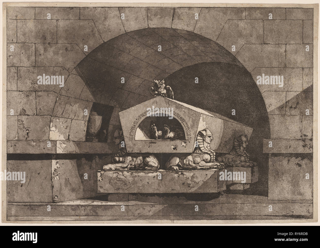 Tomba con Sphinx: monumento funerario con un gufo su un sarcofago supportato da Sphinx (Tombeau avec sphinx: Grabjmonument mit einer Eule auf einem von Sphingen getragenem Sarkophag), c. 1779-1784. Louis Jean Desprez (Francese, 1743-1804). La puntasecca; platemark: 35 x 50,3 cm (13 3/4 x 19 13/16 in Foto Stock