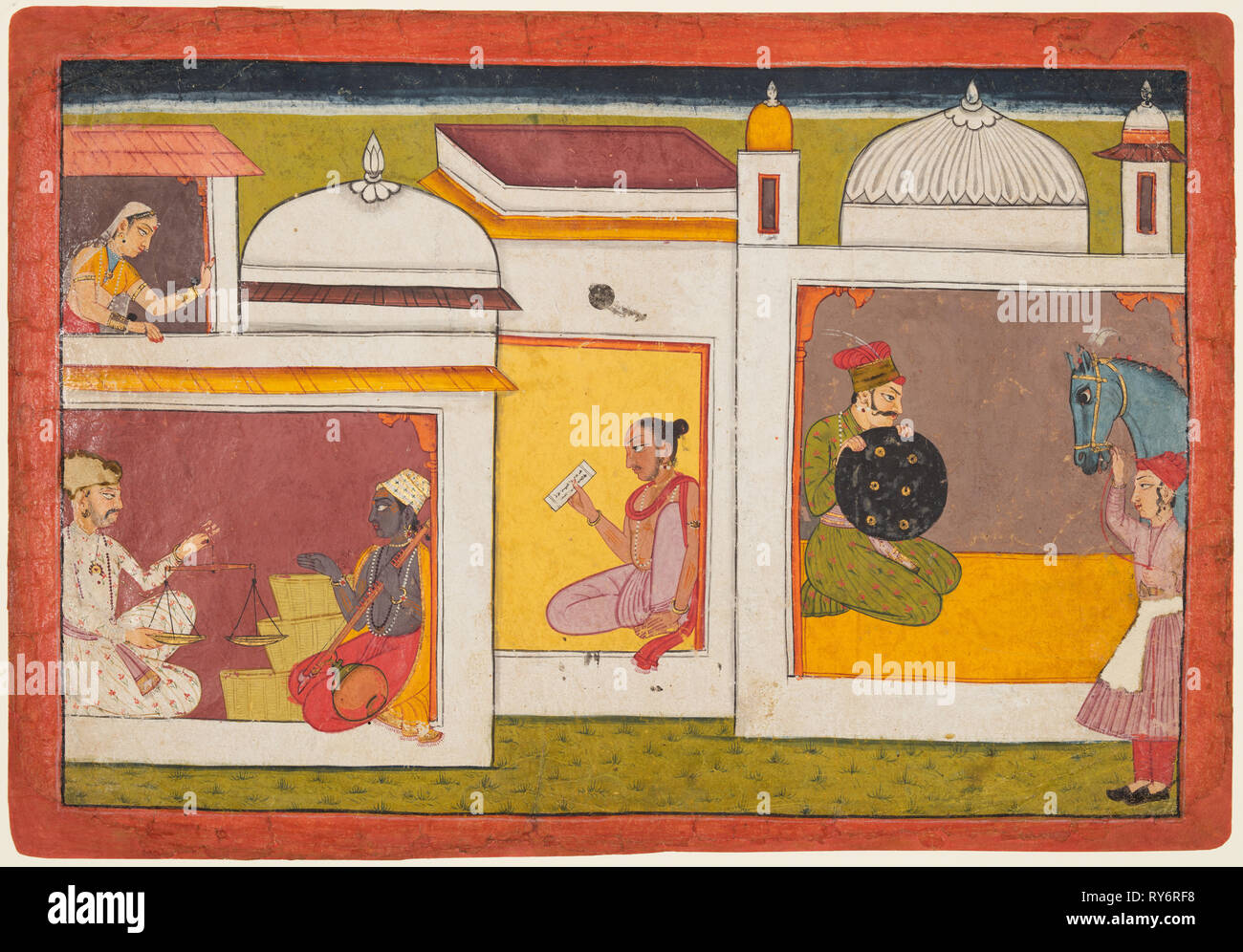 All'interno di un edificio, Madhava si siede di fronte a un uomo con una scala da una Madhavanala Kamakandala, serie C. 1700. India, Bilaspur. Colore su carta; pagina: 21,6 x 31,4 cm (8 1/2 x 12 3/8 in Foto Stock