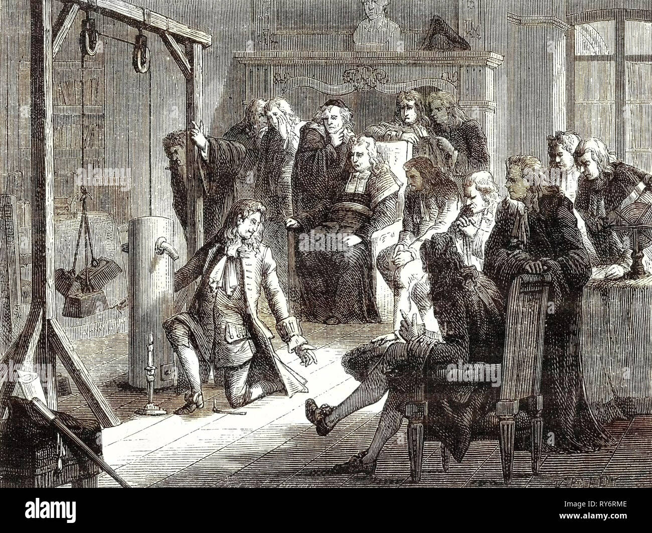 Papin conduce un esperimento con la sua macchina di polvere nella parte anteriore dei professori dell'Università di Marburg Foto Stock