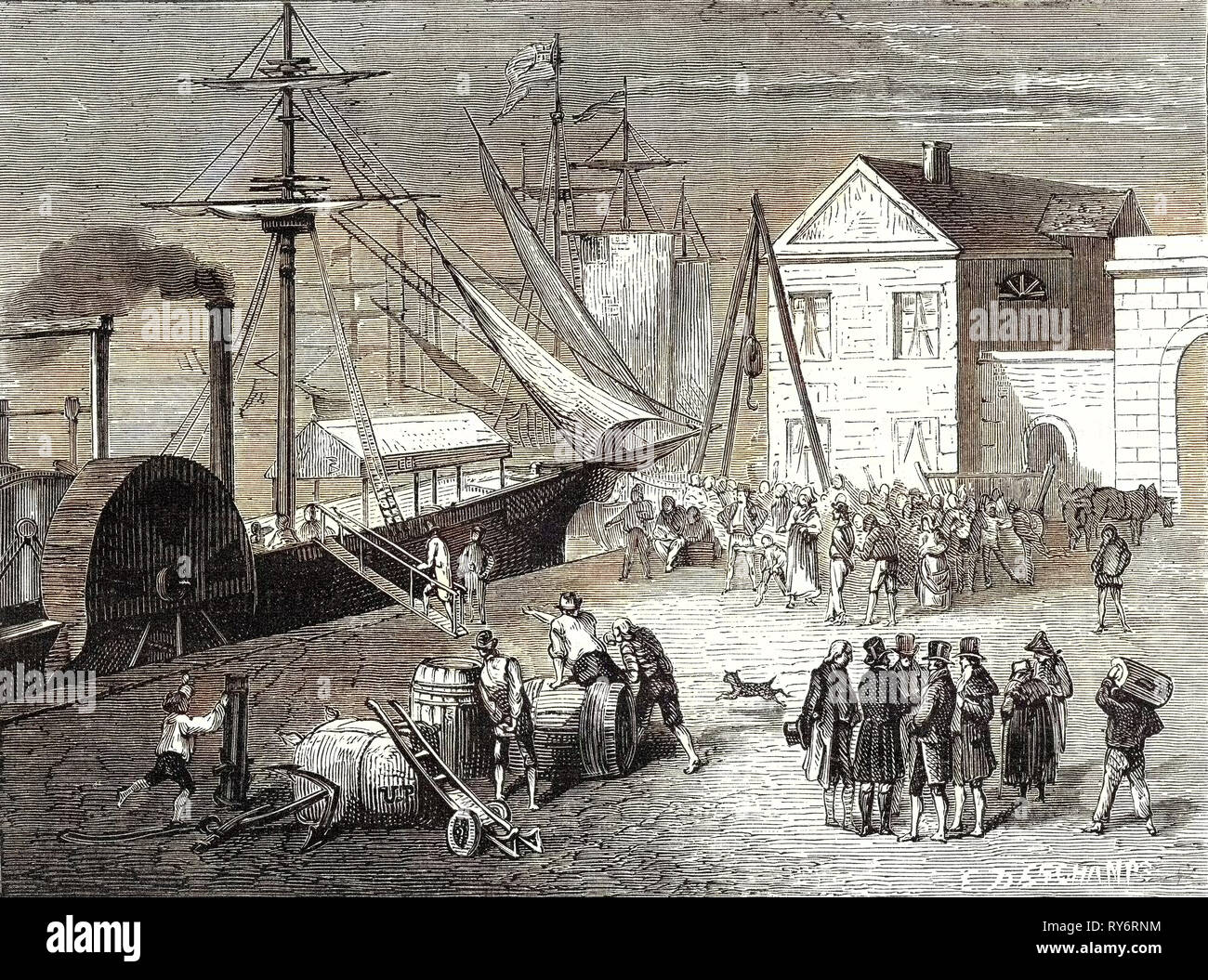 Fulton tavole suo steamboat 'Clermont' a New York per il suo primo viaggio Aprile 11 1807 Foto Stock