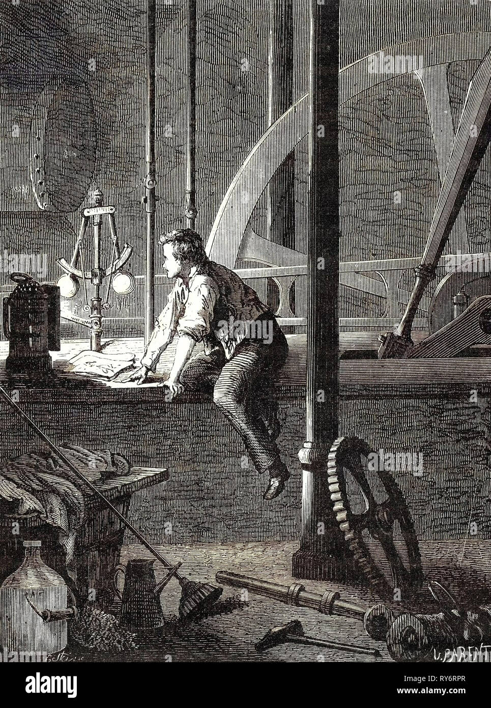 George Stephenson disassembla e riparazioni del suo motore a vapore in Newcastle Foto Stock