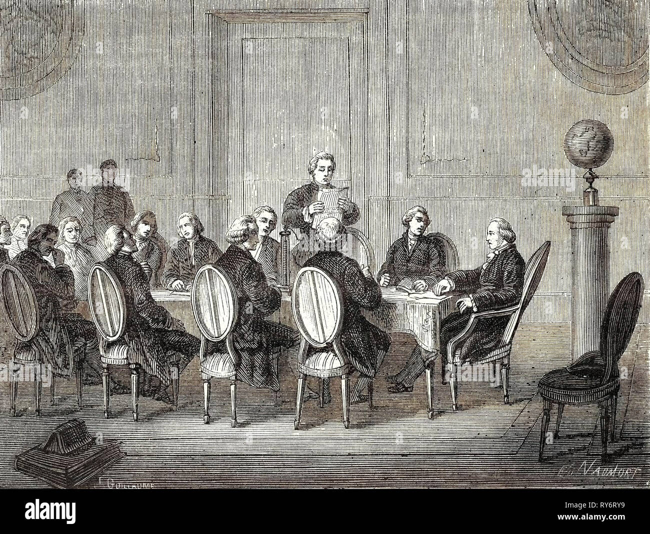 Joseph Banks legge la lettera di volta annuncia la scoperta della batteria elettrica prima della 'Royal Society di Londra' (Aprile 1800 Foto Stock