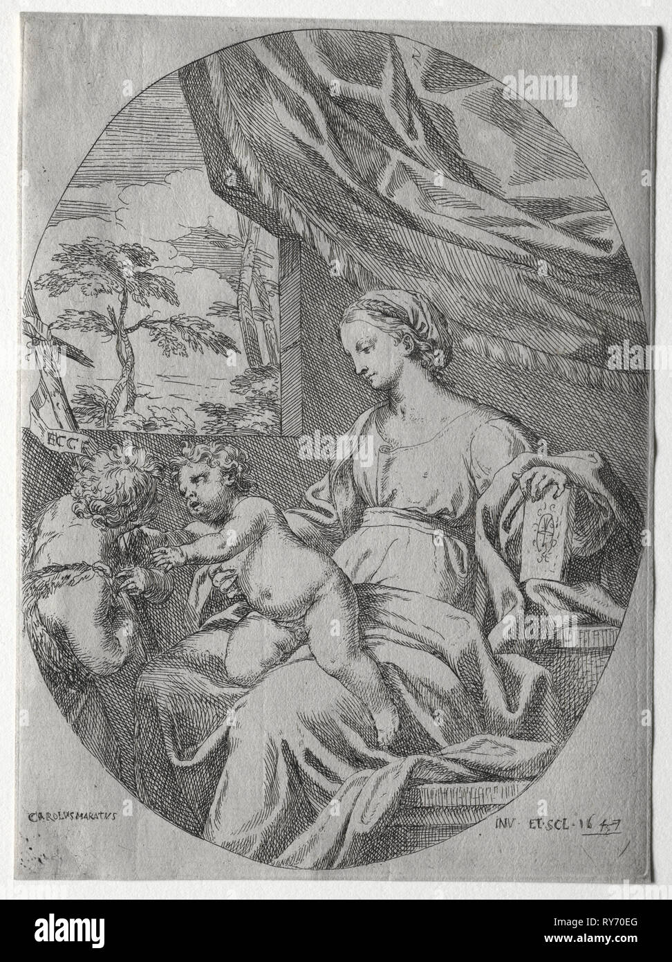 Vergine con Bambino e Neonato San Giovanni, 1647. Carlo Maratti (Italiano, 1625-1713). Attacco Foto Stock