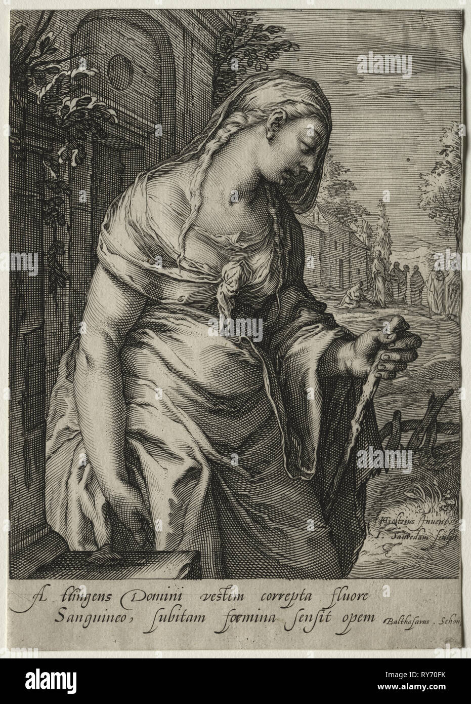 Eroine del Nuovo Testamento: la donna con la questione del sangue. Jan Saenredam (Olandese, 1565-1607). Incisione Foto Stock