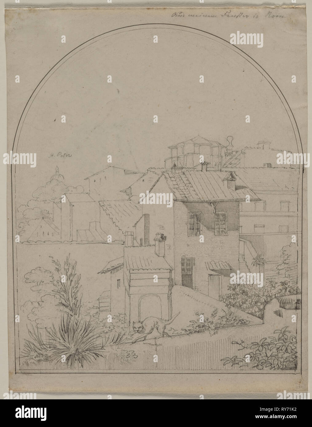 Vista dalla mia finestra in Roma, c. 1817. Carl Wilhelm Tischbein (Tedesco, 1797-1855). Grafite e penna e inchiostro grigio, linee di delimitazione a penna e inchiostro nero e grafite; foglio: 22,4 x 17,1 cm (8 13/16 x 6 3/4 in.); immagine: 20,5 x 16,8 cm (8 1/16 x 6 5/8 in Foto Stock