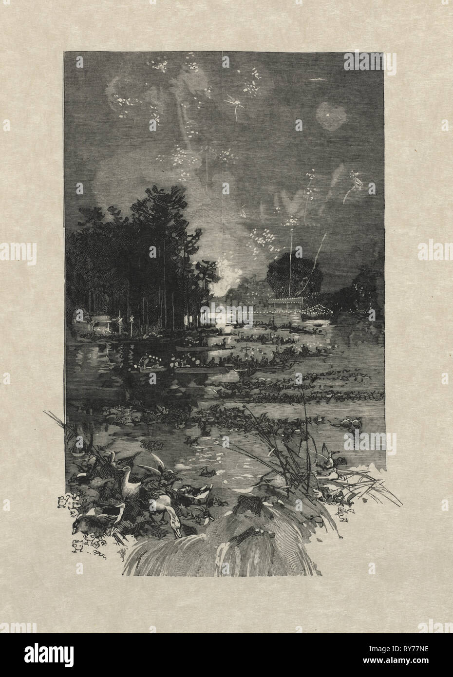 Le Monde Illustré, 14 Giugno 1884: il Festival per le vittime del dovere, 1884. Auguste Louis Lepère (Francese, 1849-1918). Incisione su legno; foglio: 31,2 x 46,3 cm (12 5/16 x 18 1/4 in.); immagine: 21,2 x 14,6 cm (8 3/8 x 5 3/4 in Foto Stock