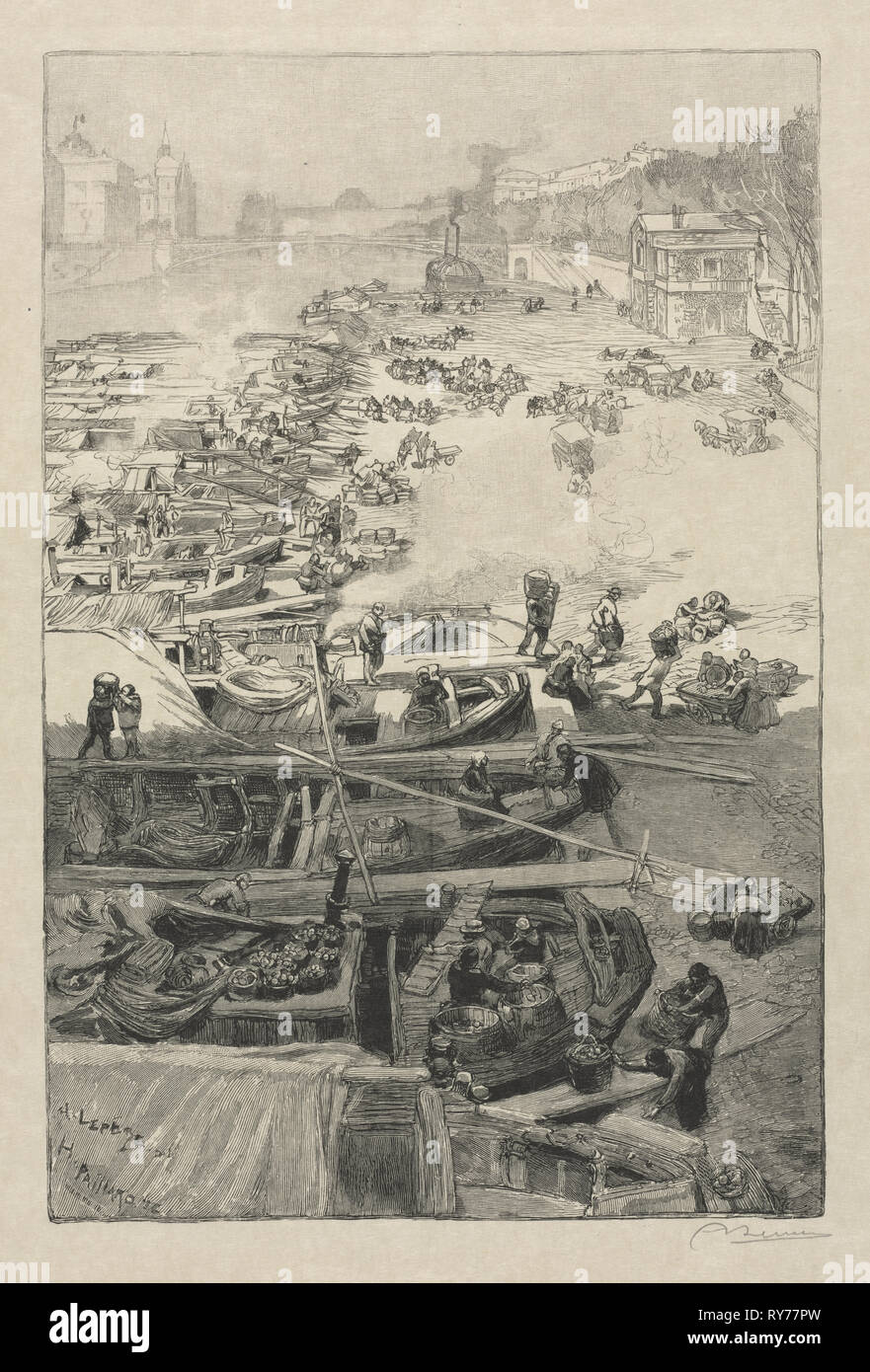 Pubblicato in Le Monde Illustré, 1883: arrivo di patate presso l'Hotel de Ville, 1883. Auguste Louis Lepère (Francese, 1849-1918), e Henri Pierre Paillard (Francese, 1844-1912). Incisione su legno; foglio: 46,8 x 32,5 cm (18 7/16 x 12 13/16 in.); platemark: 32 x 21,3 cm (12 5/8 x 8 3/8 in Foto Stock