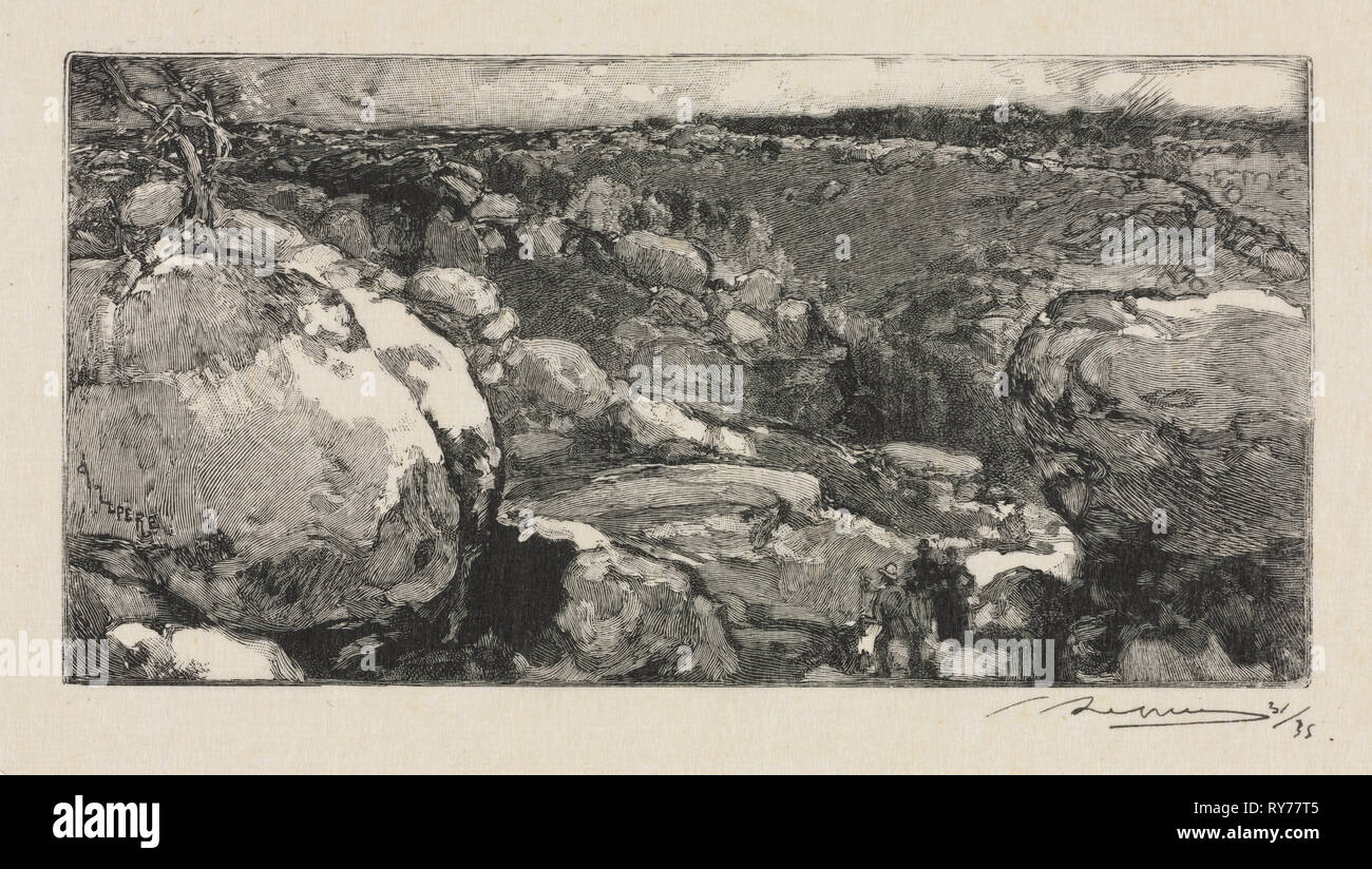 Foresta Fontainebleau: il Cirque di Long-Rocher, 1888. Auguste Louis Lepère (Francese, 1849-1918). Incisione su legno; foglio: 17 x 22,5 cm (6 11/16 x 8 7/8 in.); platemark: 8,1 x 16 cm (3 3/16 x 6 5/16" Foto Stock