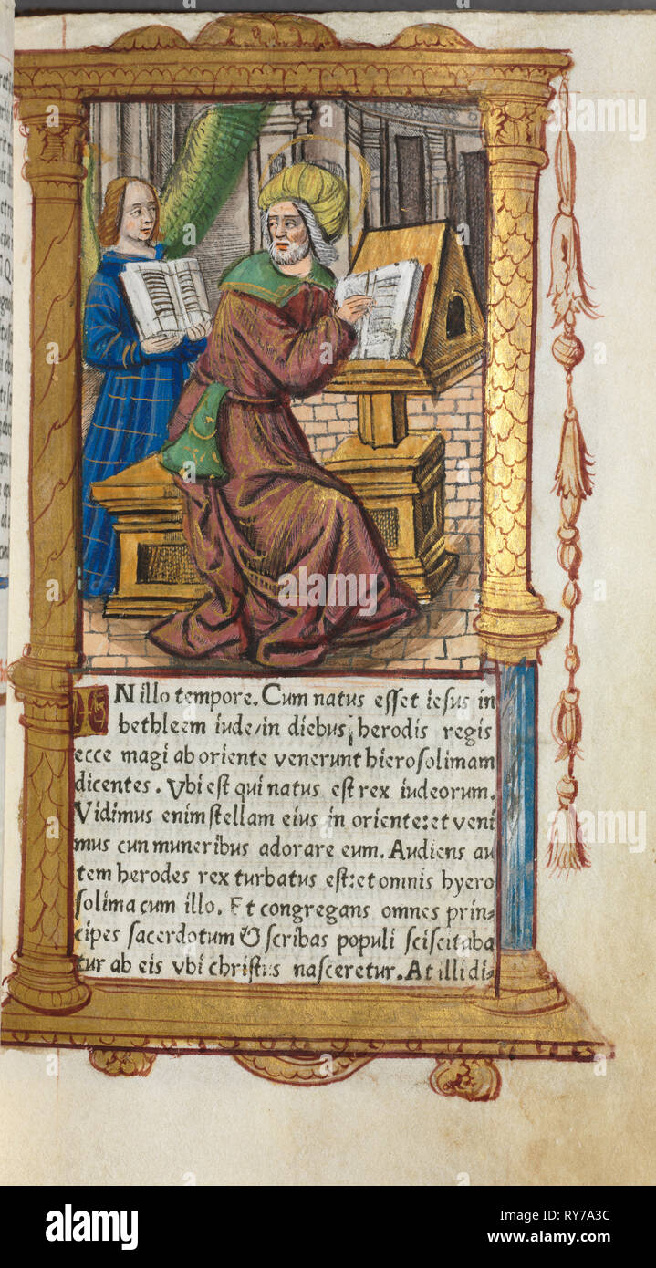 Libro stampato di ore (uso di Roma): fol. 19r, San Matteo, 1510. Guillaume Le Rouge (francese, Parigi, active 1493-1517). 112 folio stampato su pergamena, legato Foto Stock