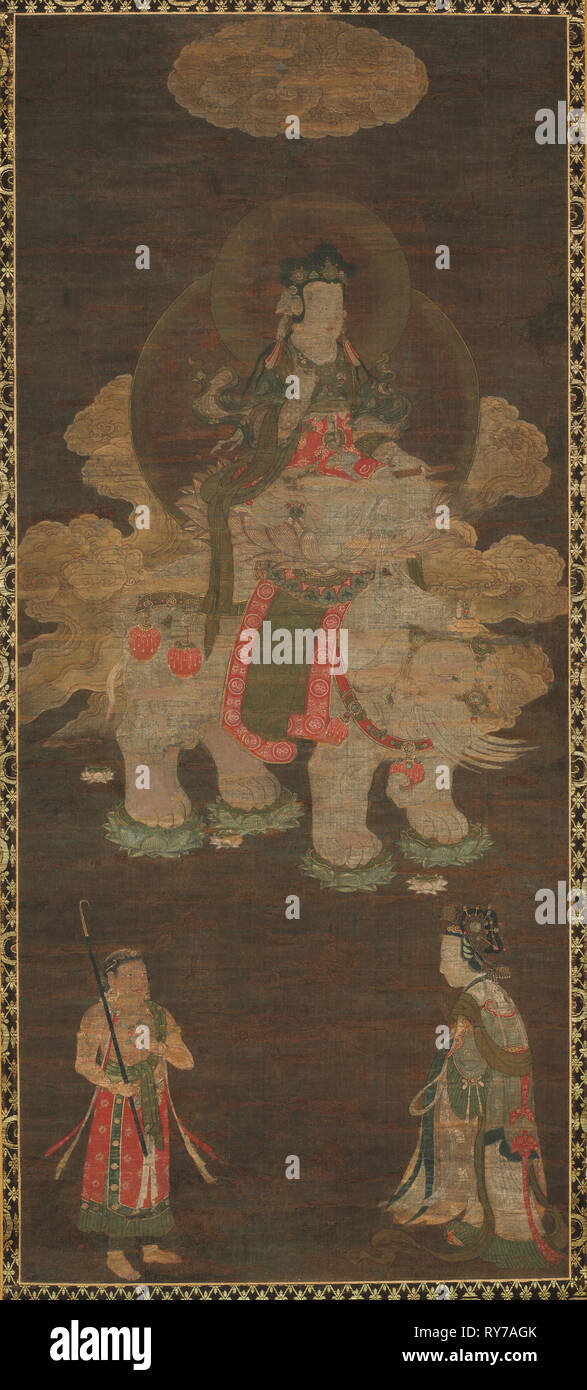 Triade di Shakyamuni Buddha: frequentato da Manjushri e Samantabhadra (Bodhisattva con elefante), tardi 1300s. Cina, Fuzhou, provincia del Fujian, dinastia Yuan (1271-1368). Hanging scroll, inchiostro e colore su seta; complessivo: 106,9 x 46,4 cm (42 1/16 x 18 1/4 in Foto Stock