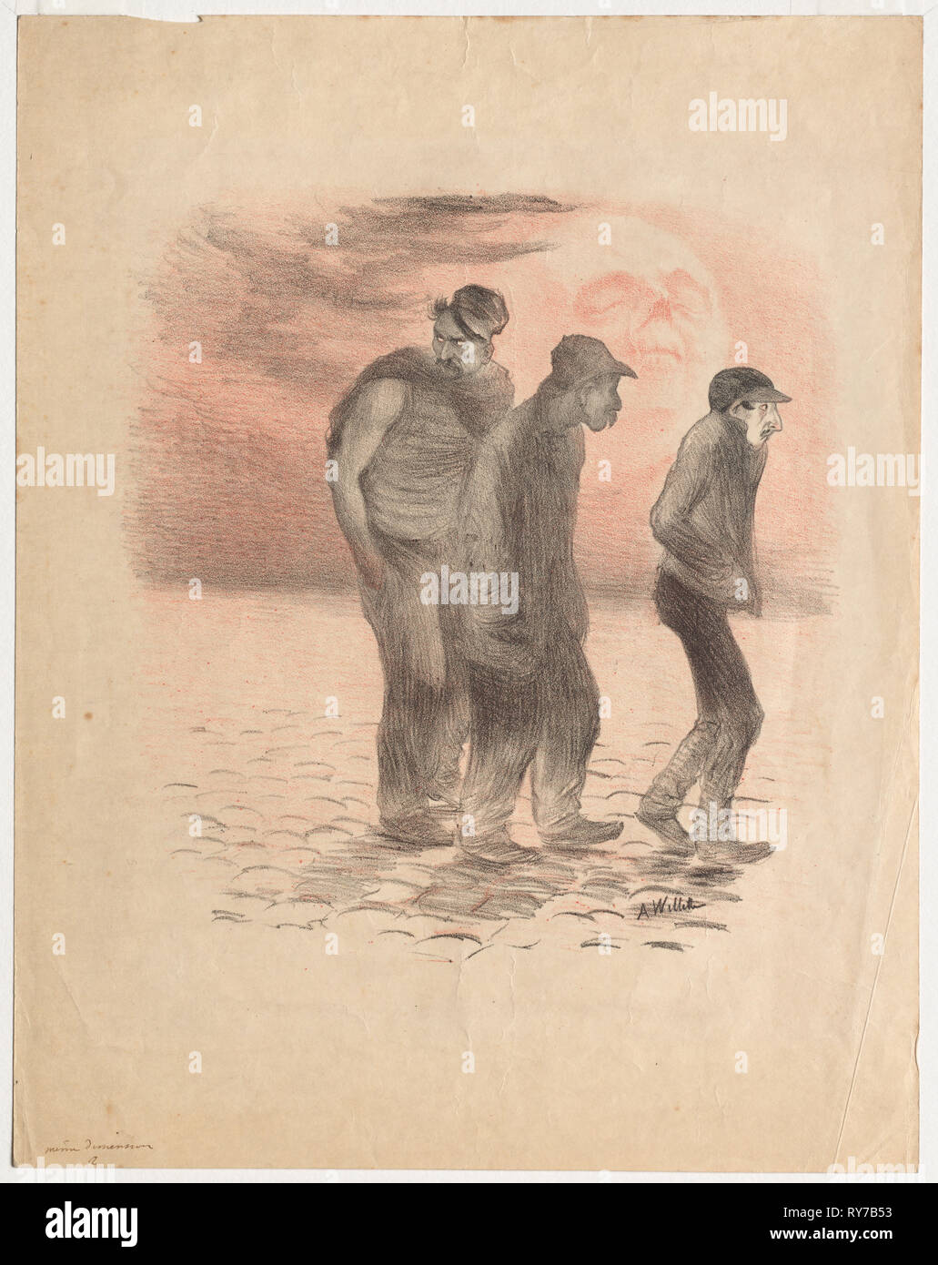 Le scene di Parigi e di assassini. Adolphe Willette (Francese, 1857-1926). Litografia stampato in nero e rosso; foglio: 35 x 22 cm (13 3/4 x 8 11/16 in.); immagine: 23,9 x 27,4 cm (9 7/16 x 10 13/16 in Foto Stock