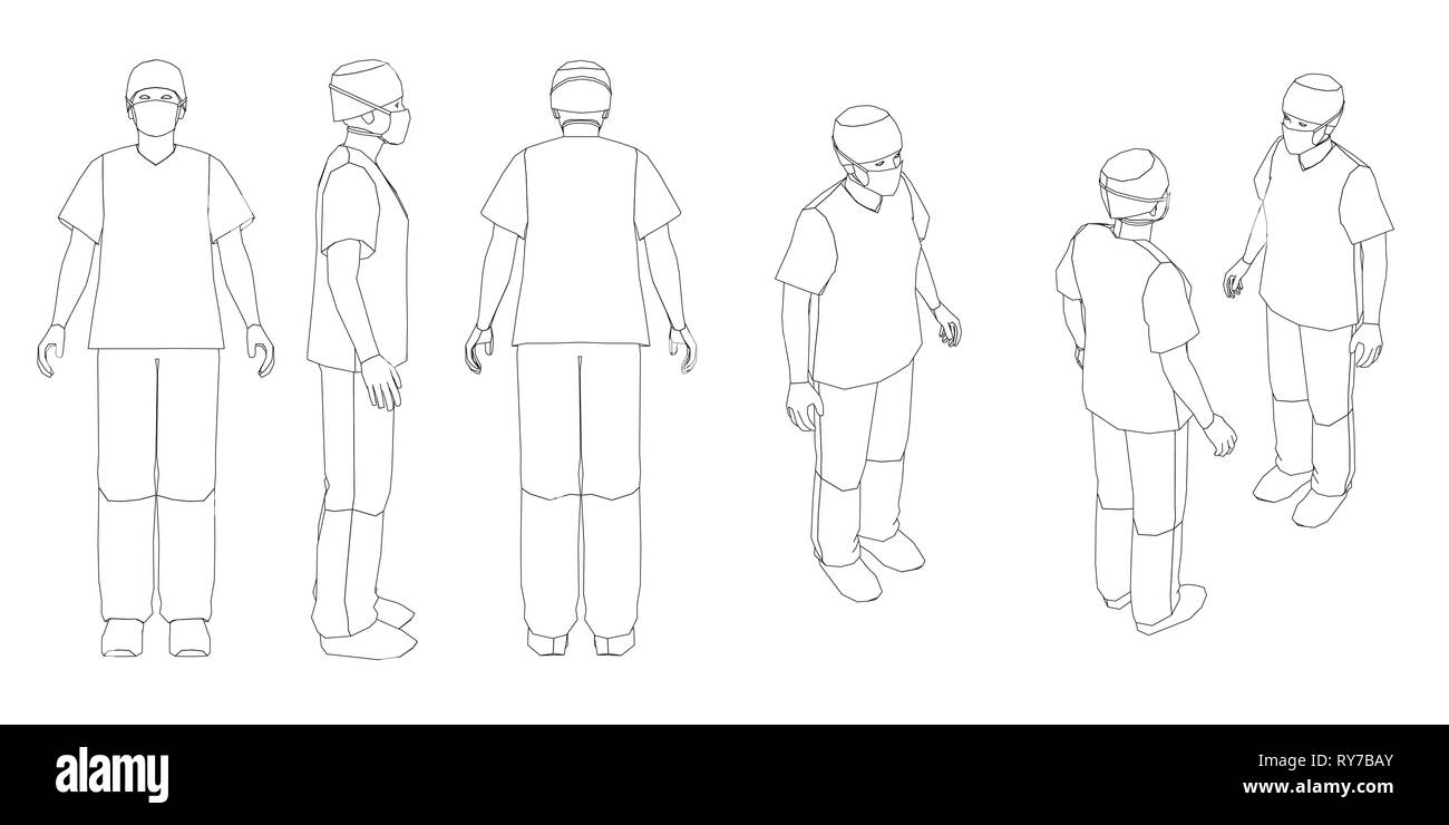 Insieme con i contorni del medico in diverse posizioni. Contorno del medico anteriore, laterale, posteriore vista isometrica. Illustrazione Vettoriale Illustrazione Vettoriale