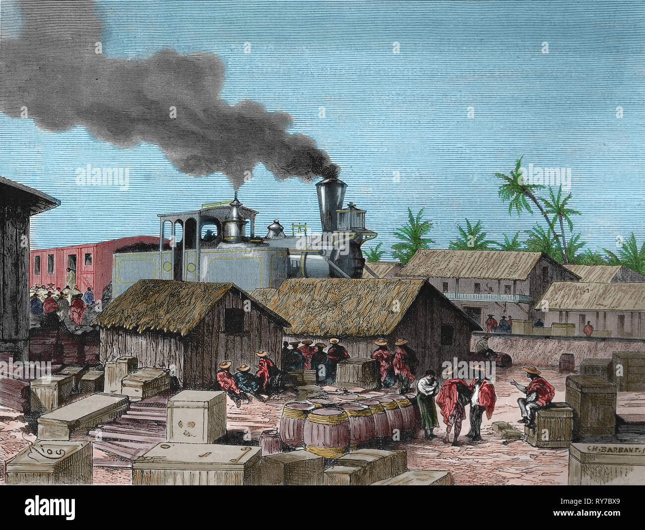 Sud America. La Colombia. Barranquilla. Stazione ferroviaria. Incisione, XIX c. Foto Stock