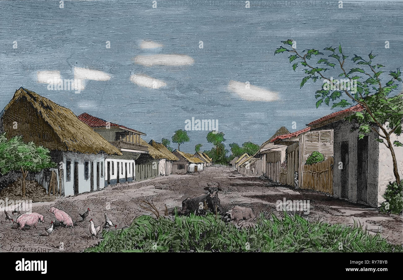 America. Il Brasile. Il Perù. Amazzonia peruviana. Città di Iquitos. Incisione del XIX secolo. Foto Stock