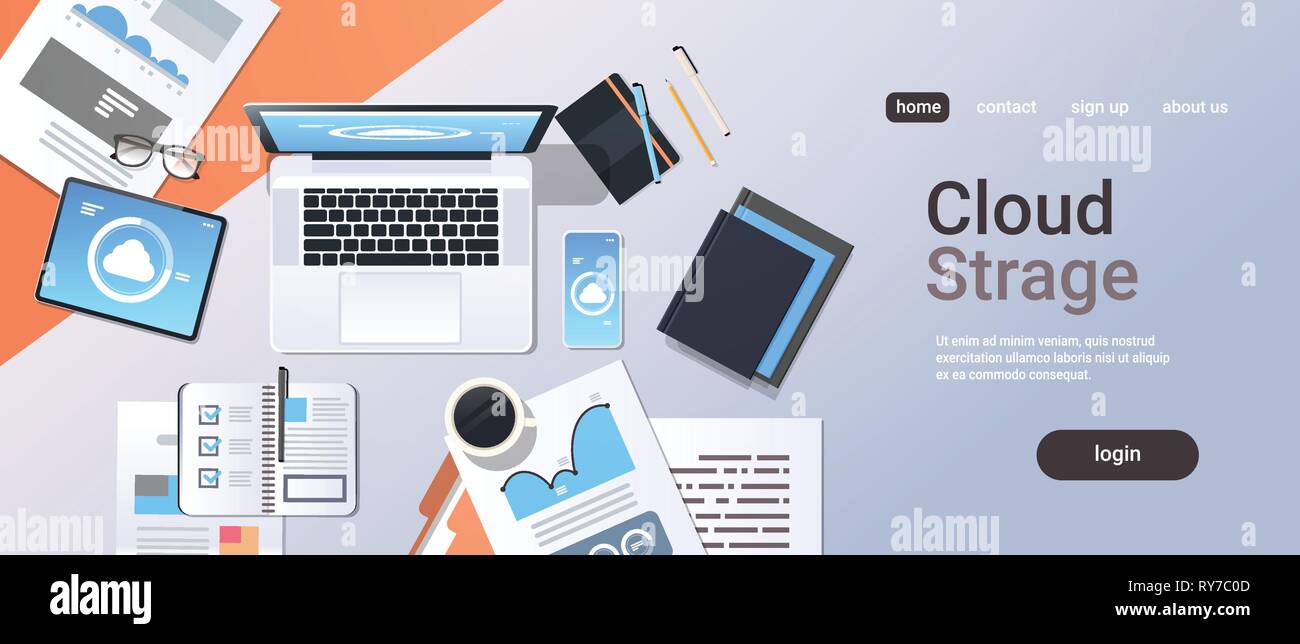 Connessione a internet cloud synchronization smartphone tablet portatile alla rete dello schermo la sincronizzazione dei dati concetto alto angolo di visione sul posto di lavoro ufficio desktop stuff Illustrazione Vettoriale