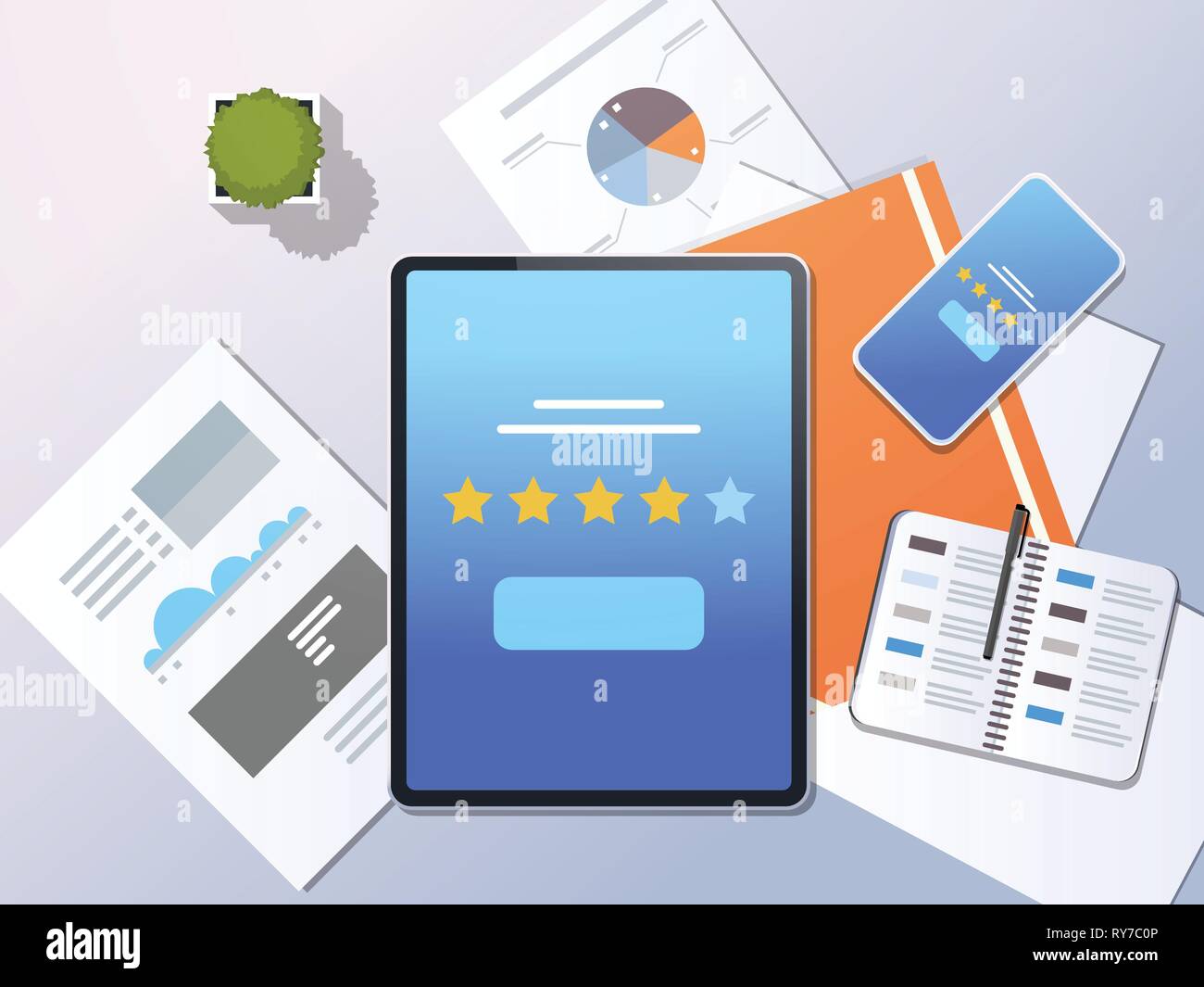 Revisione cinque stelle feedback tasso di concetto di rating alto angolo di vista tablet pc desktop lo schermo dello smartphone analysis report infografico office stuff in orizzontale Illustrazione Vettoriale