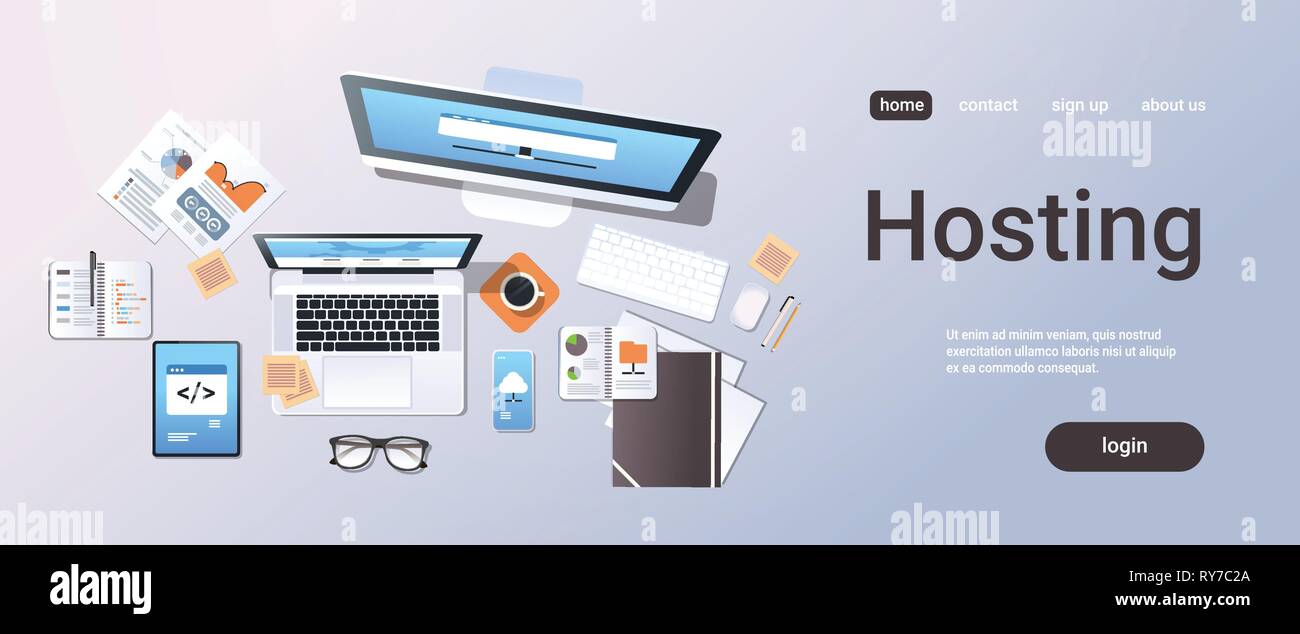 Data center cloud di collegamento al computer server di hosting di database sincronizzare concetto alto angolo di vista desktop smartphone notebook tablet schermo roba di office Illustrazione Vettoriale