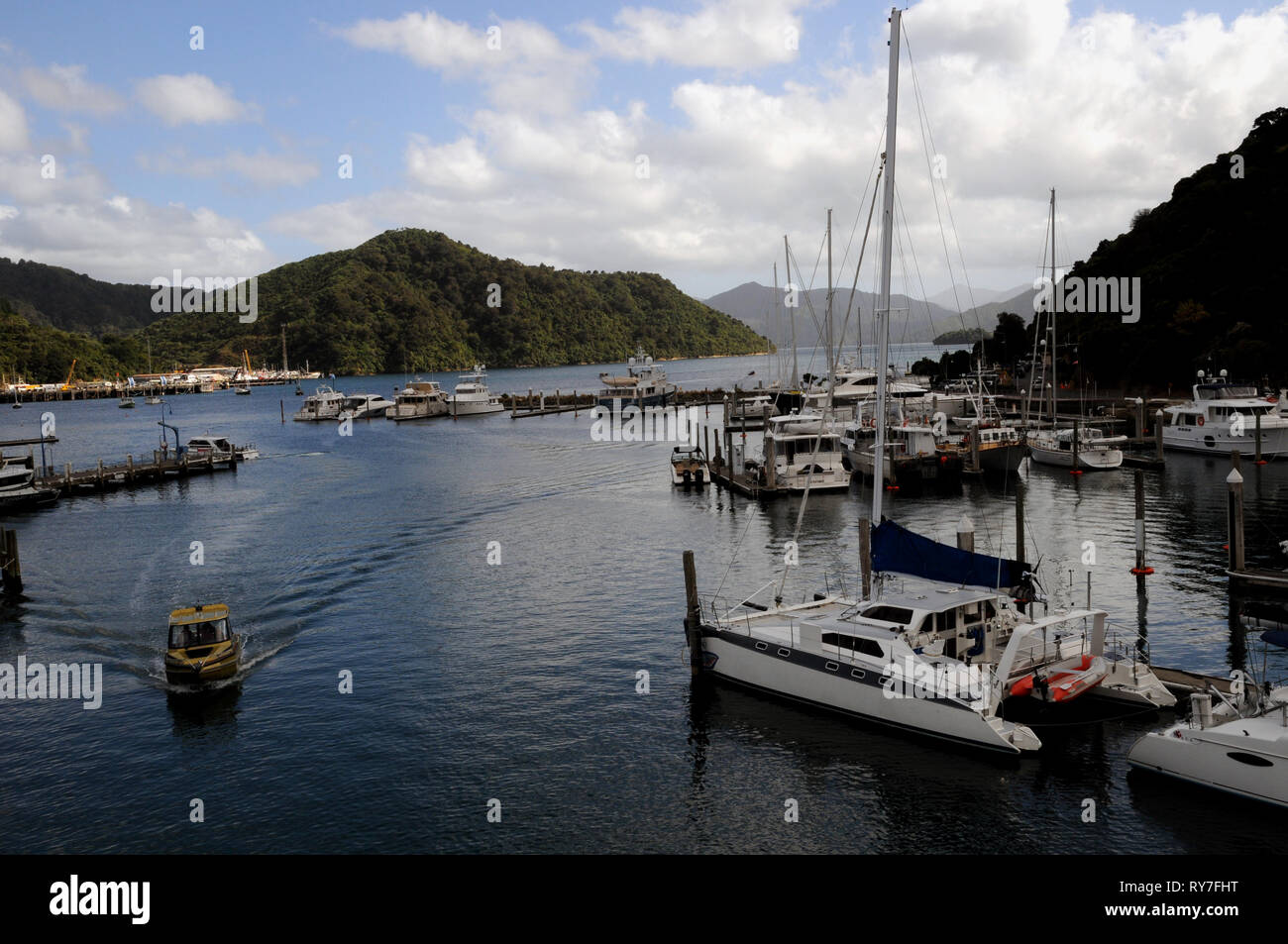 Picton Marina quasi alla testa della Queen Charlotte Sound nella regione di Marlborough di New Zealands Isola del Sud. Foto Stock