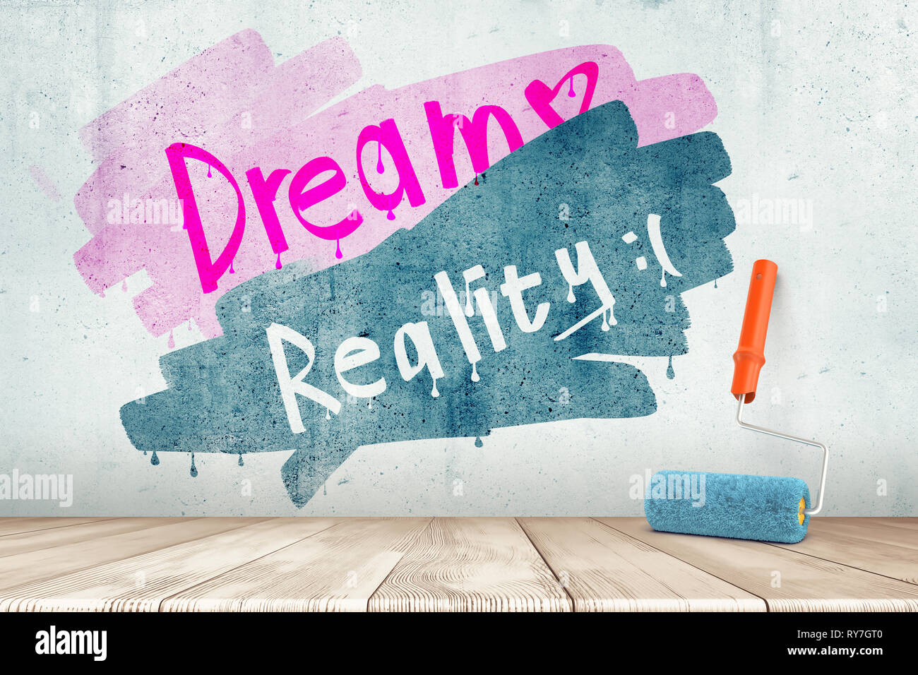 3D rendering del rullo di vernice bianca sul pavimento in legno scuro e segno della realtà disegnata su rosa sogno segno sul muro bianco sullo sfondo Foto Stock