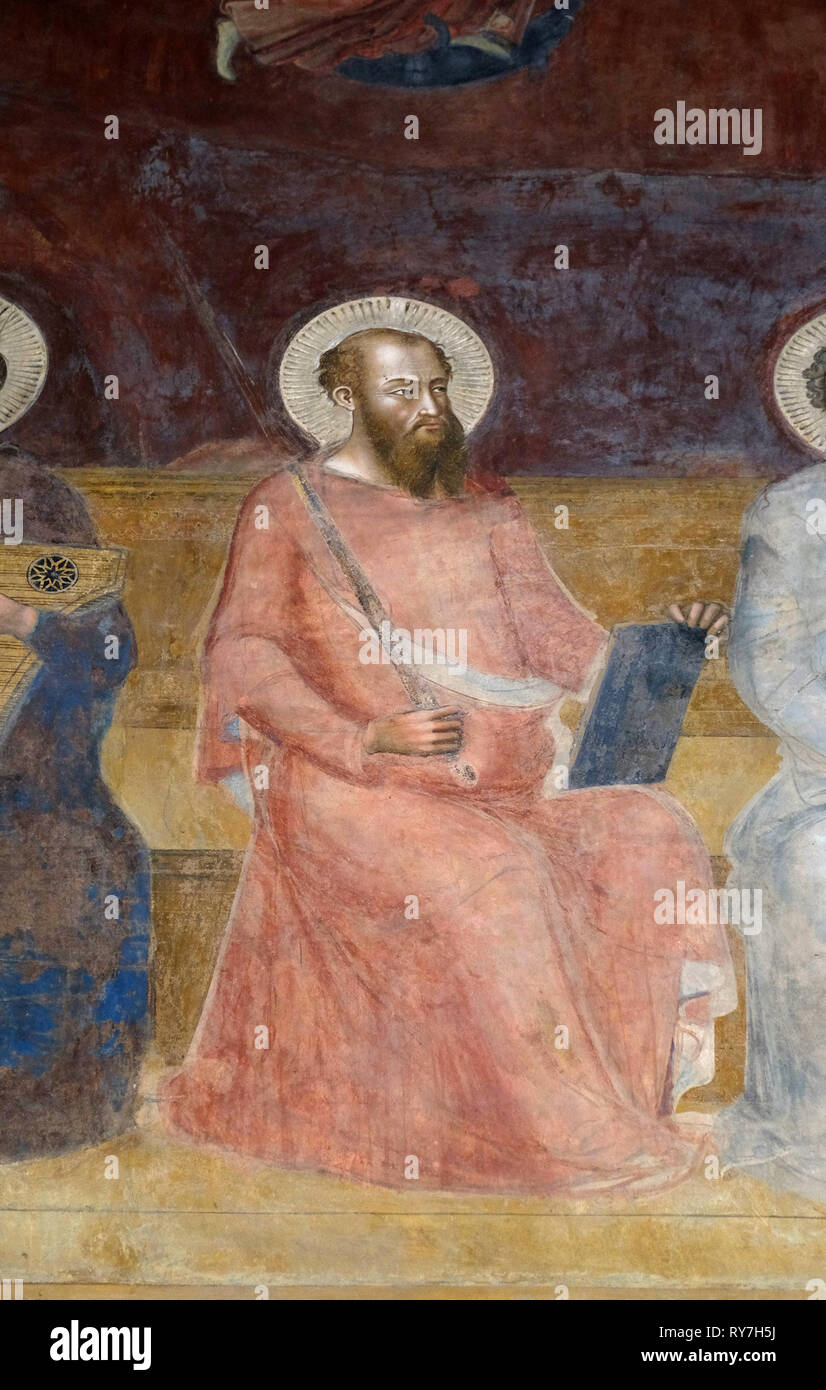 San Paolo, dettaglio del trionfo di San Tommaso d Aquino, affresco di Andrea di Buonaiuto, Cappella Spagnola in Santa Maria Novella principale chur Dominicana Foto Stock