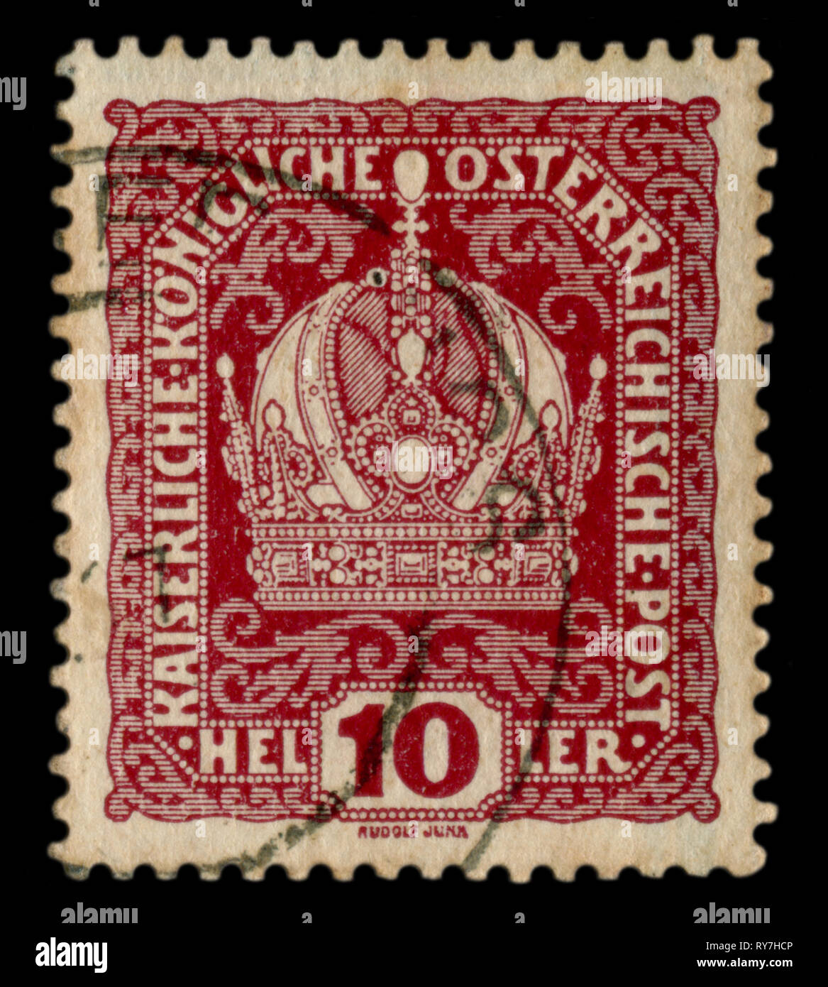 Storico austriaco timbro: immagine della corona imperiale con fiore di ricci, cancellazione, la prima guerra mondiale 1914. Austria Foto Stock