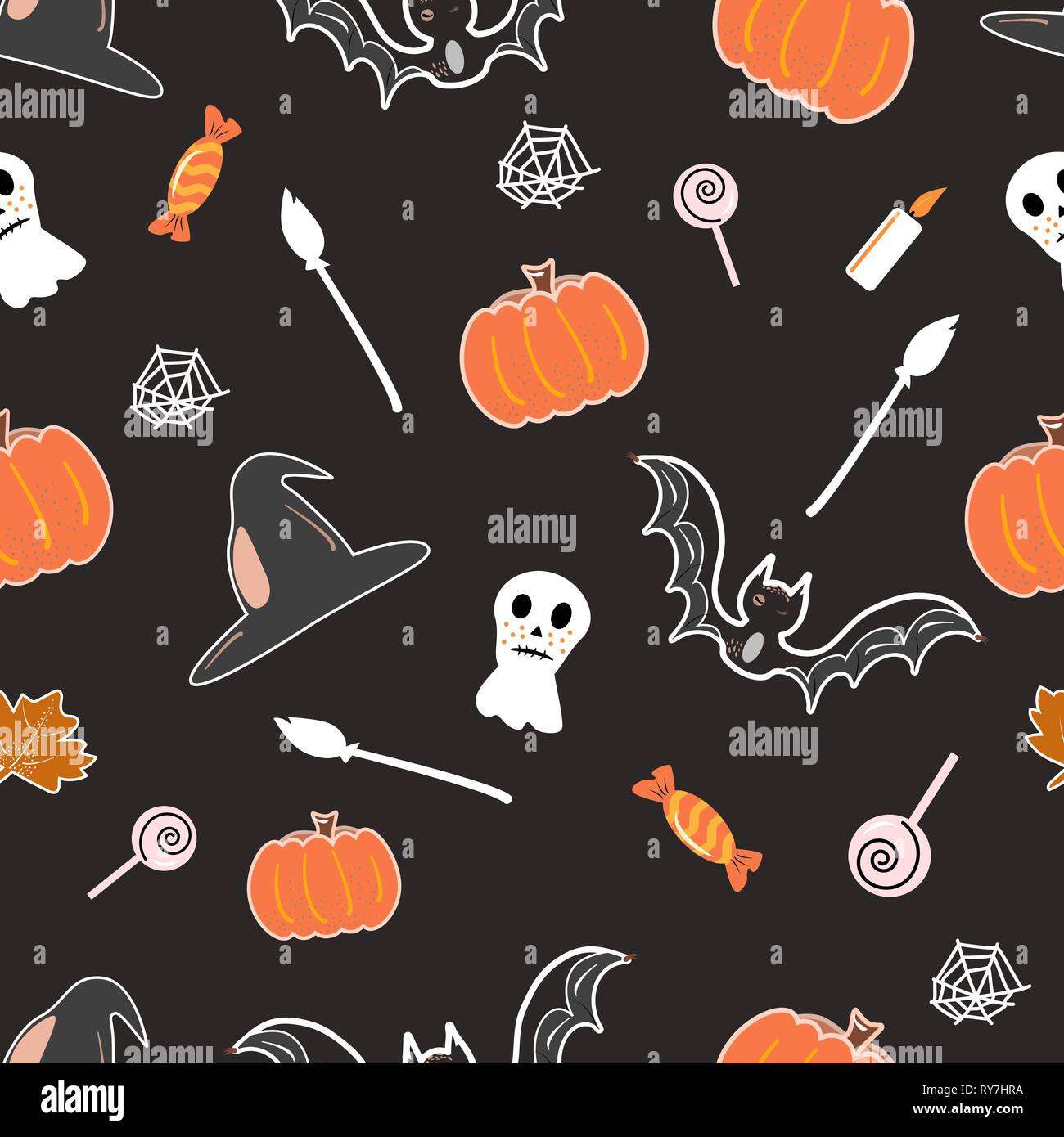 Halloween pattern seamless sfondo con zucca, bat, lecca-lecca, ghost. Mano elementi di disegno Illustrazione Vettoriale