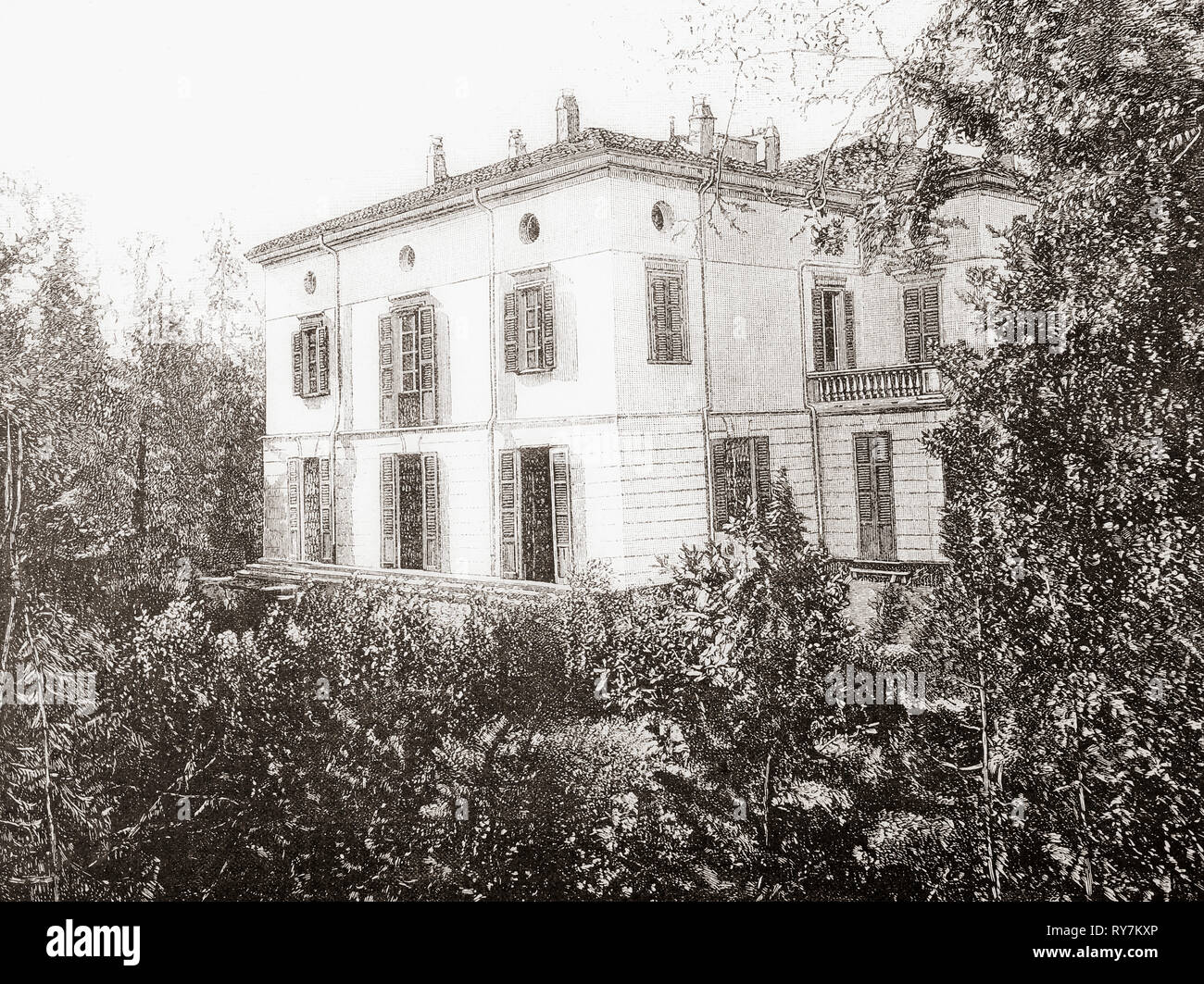 Giuseppe Verdi ha la residenza. Villa Verdi, Sant'Agata, Villanova sull'Arda, Piacenza, Italia. Da Ilustracion Artistica, pubblicato 1887. Foto Stock