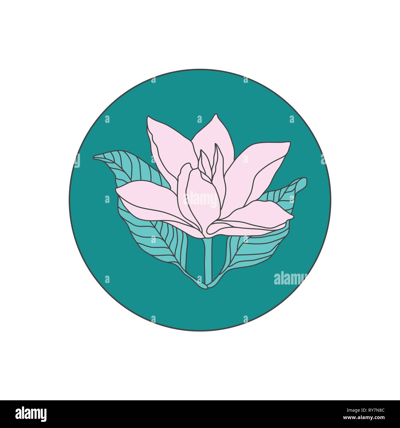 Isolato linea Magnolia illustrazione sul cerchio verde. Flower Design del Logo Illustrazione Vettoriale