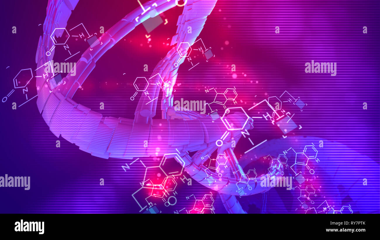 Splendida 3d illustrazione di una bobina di DNA cercando la rotazione  attorno al suo asse in blu e sfondo roseo posto aslant. Formule chimiche  sono la filatura Foto stock - Alamy