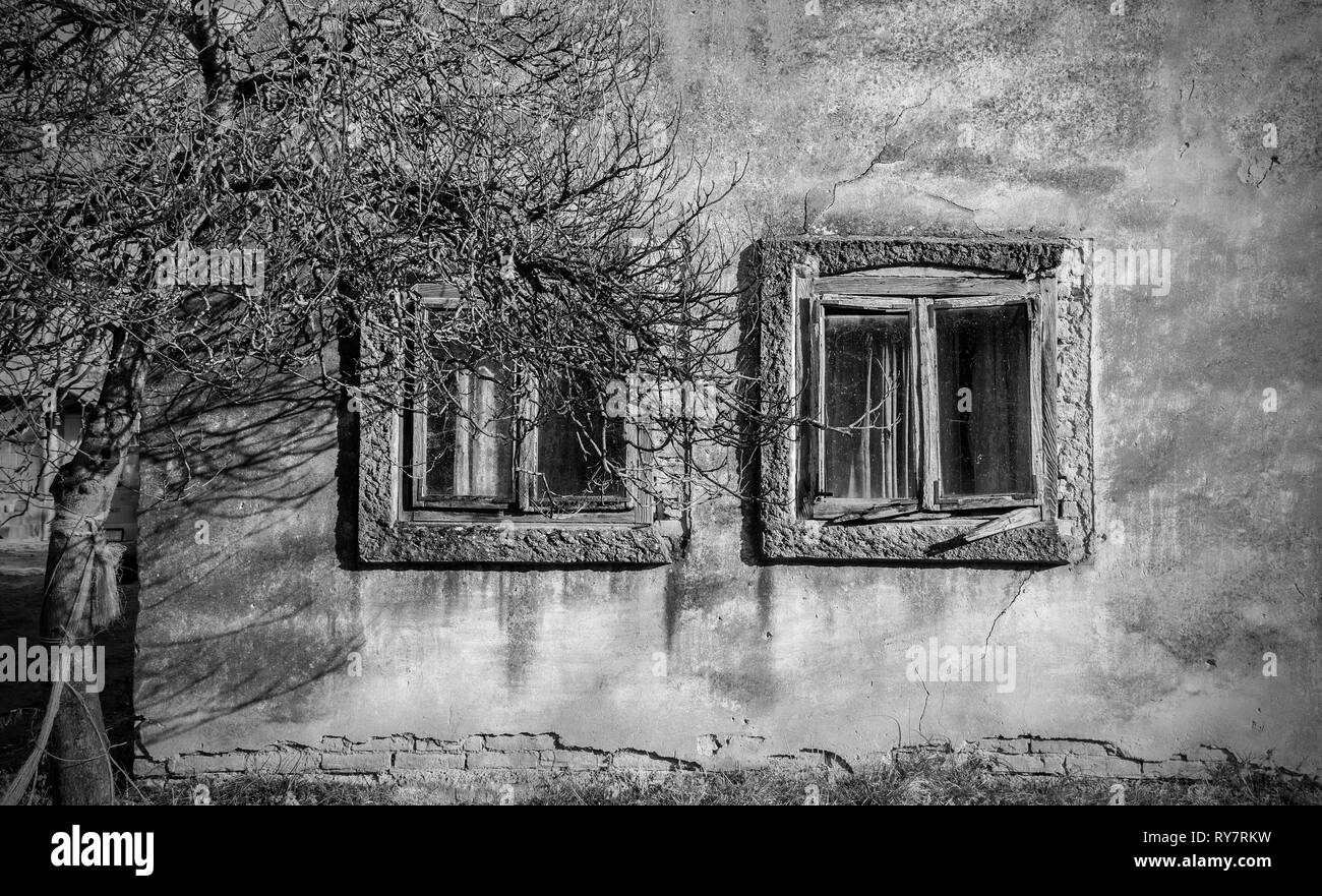 Windows in un vecchio abbandonato casa del villaggio di Cigoc nella contea di Sisak-Moslavina in Croazia Centrale Foto Stock