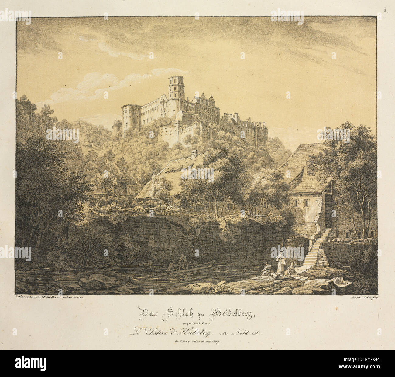 Sei viste del castello di Heidelberg: Est , 1820. Ernst Fries (Tedesco, 1801-1833), Mohr & inverno, Heidelberg. Litografia di stampati in nero con due tonalità di pietre: ocra pallido globale e selettivamente grigio ; foglio: 38,5 x 50 cm (15 3/16 x 19 11/16 in Foto Stock