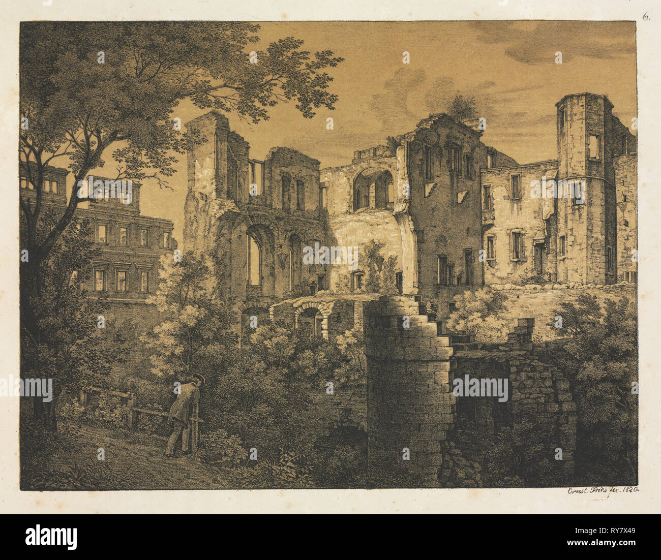 Sei viste del castello di Heidelberg: Parte occidentale , 1820. Ernst Fries (Tedesco, 1801-1833), Mohr & inverno, Heidelberg. Litografia stampata in bianco e nero e un profondo colore ocra pietra globale; foglio: 38,5 x 50 cm (15 3/16 x 19 11/16 in Foto Stock