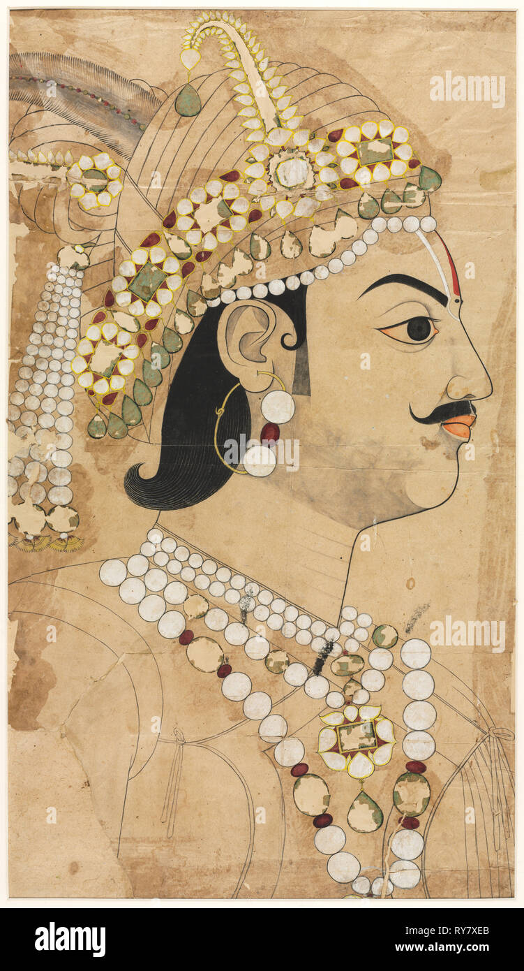 Ritratto di Maharaja Pratap Singh (1764-1803), c. 1793. Attribuito a Sahib Ram (indiano, attivo 1745-1803). Inchiostro colorato disegno; complessivo: 61,4 x 40,5 cm (24 3/16 x 15 15/16 in Foto Stock